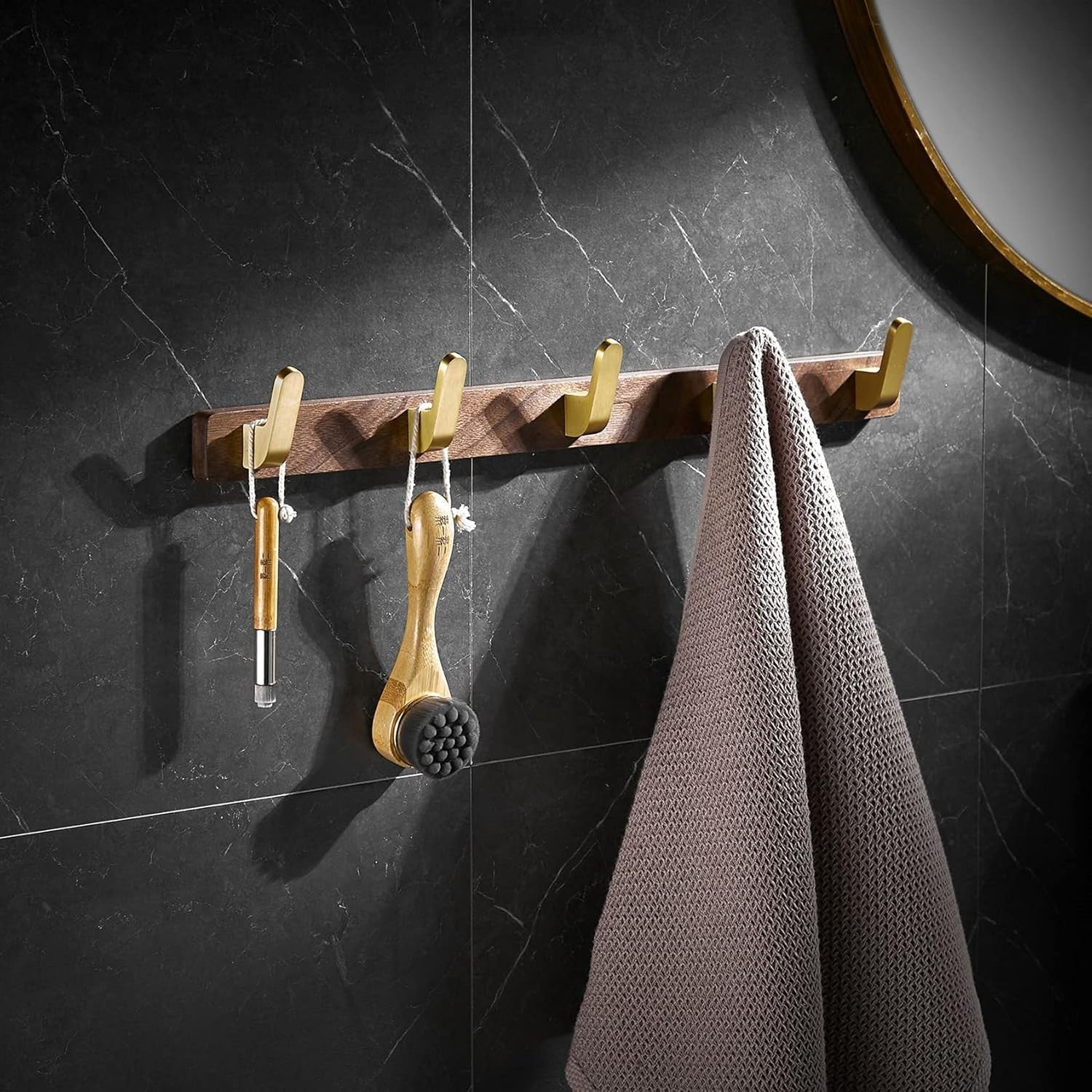 SARIHOSY 5-Hook Wall-Mounted Coat Hooks with Gold Zinc Alloy Coat Hook Walnut
