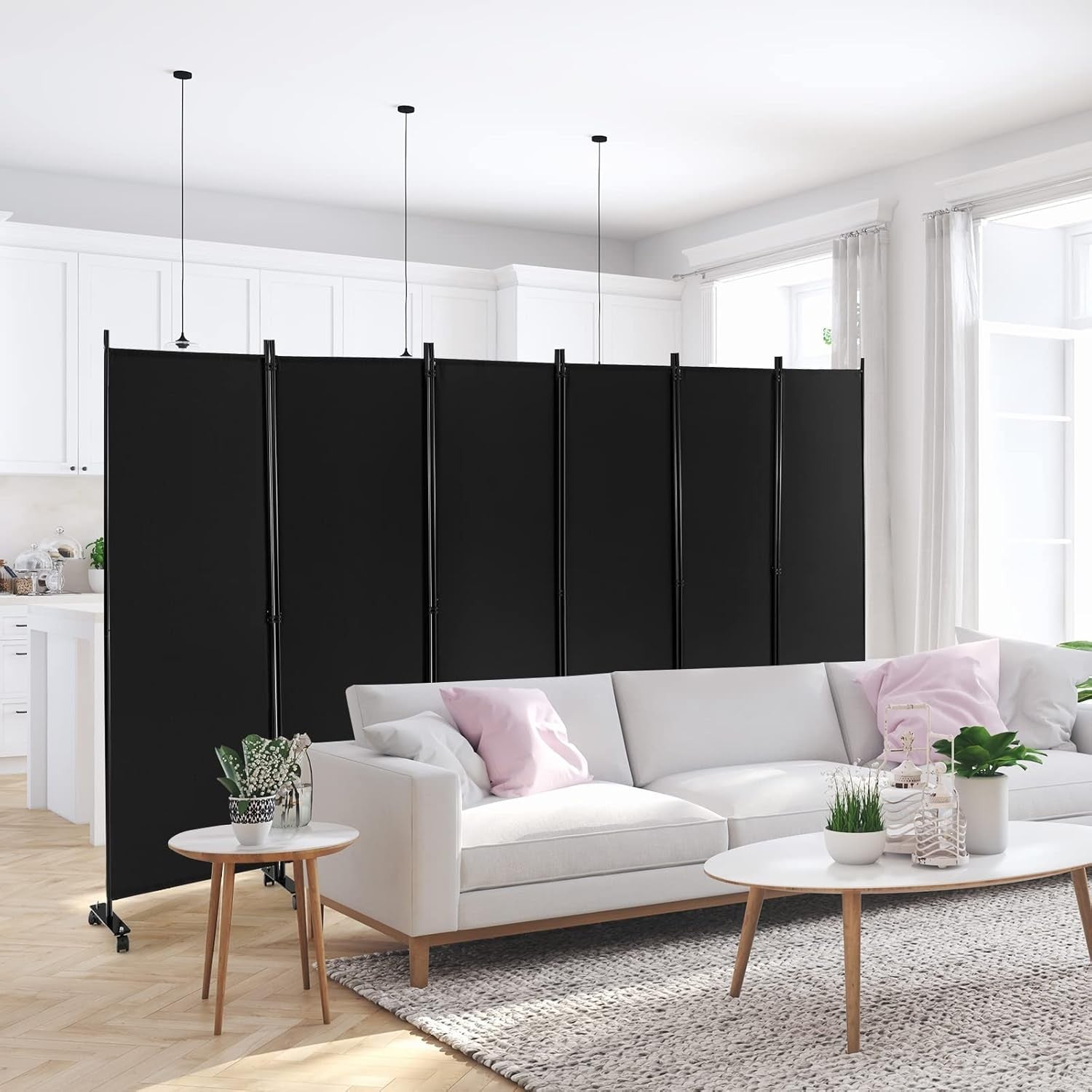 6 Panel Folding Room Divider Privacy Screen Black Metal Frame 335x172cm
