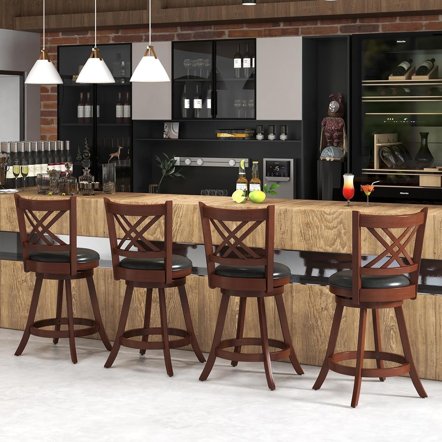 Espresso Black Swivel Bar Stools Set of 2 – Rubber Wood Counter Chairs 96 cm