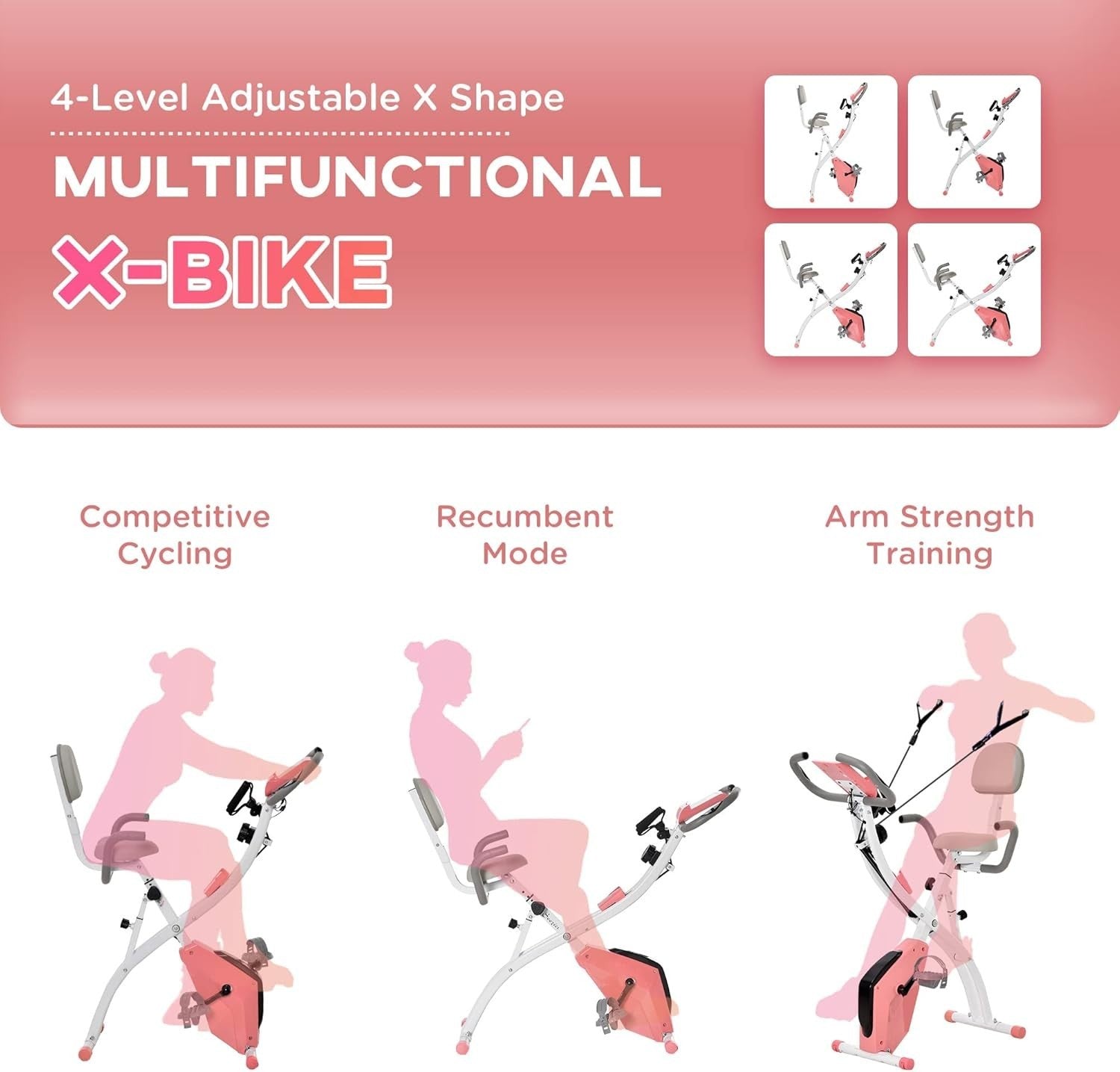 Pink 3-in-1 Folding Exercise Bike Magnetic Resistance LCD Pulse & Bands