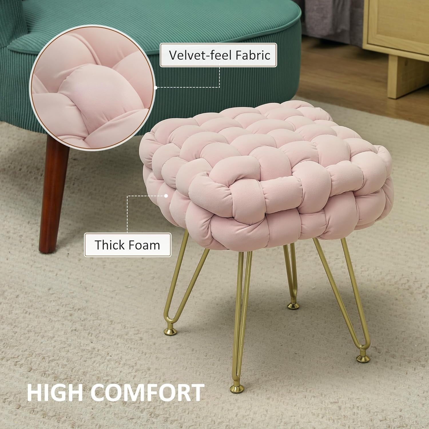 Pink Square Footstool Woven Velvet Ottoman Metal Leg Vanity Makeup Seat