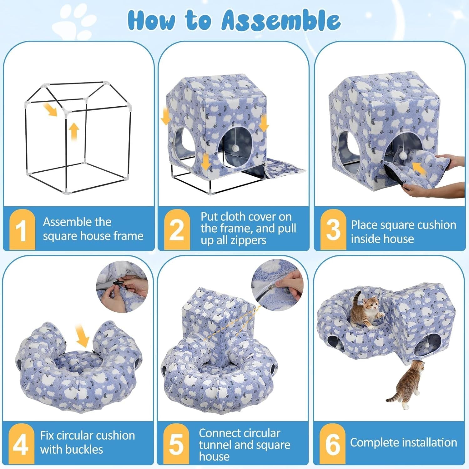 Cat Tunnel Bed Donut Play Tunnel w House Peekaboo Cave Washable Blue