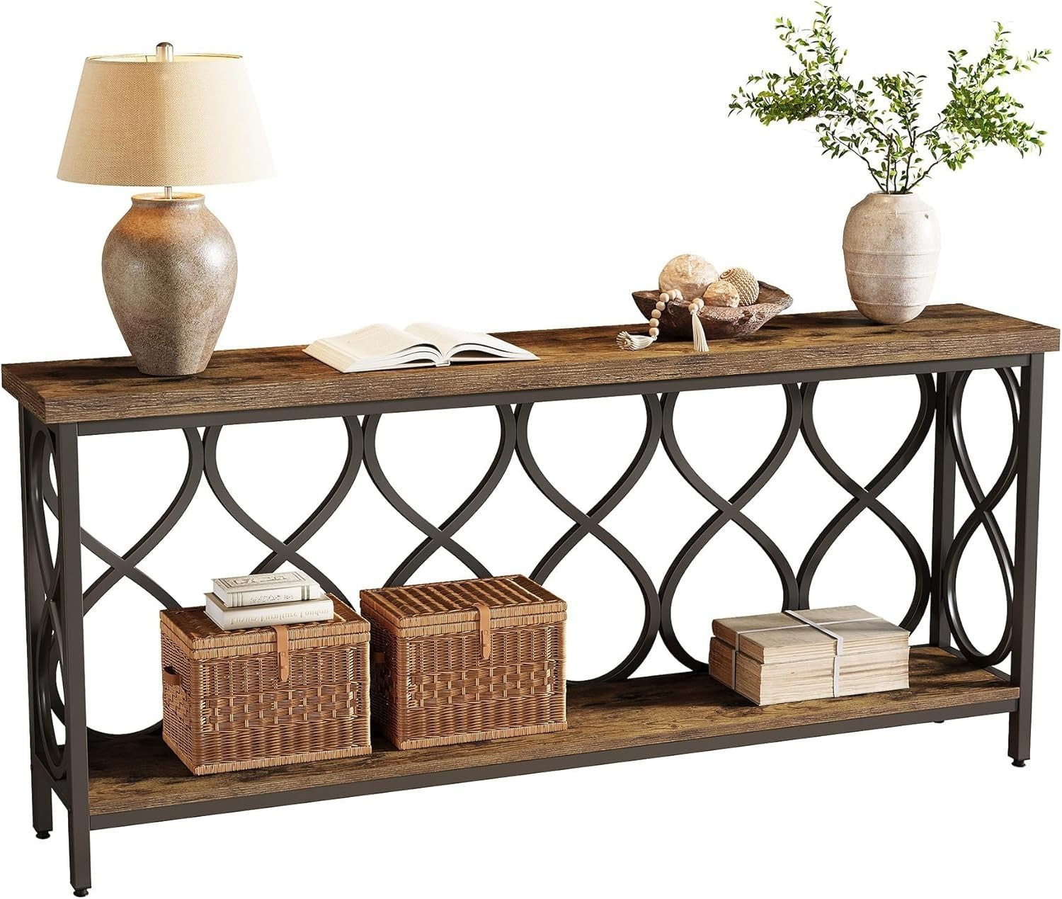 Industrial Console Table 90x90x40cm Rustic Brown 2-Tier Sofa Entryway