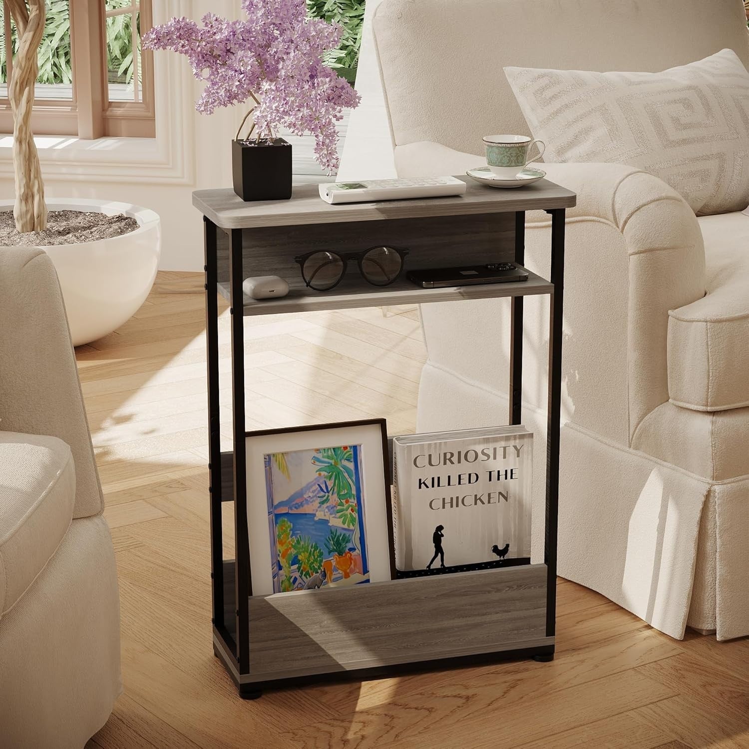 Vintage 3-Tier Narrow Side Table with Storage Shelf, Slim Nightstand for Small S