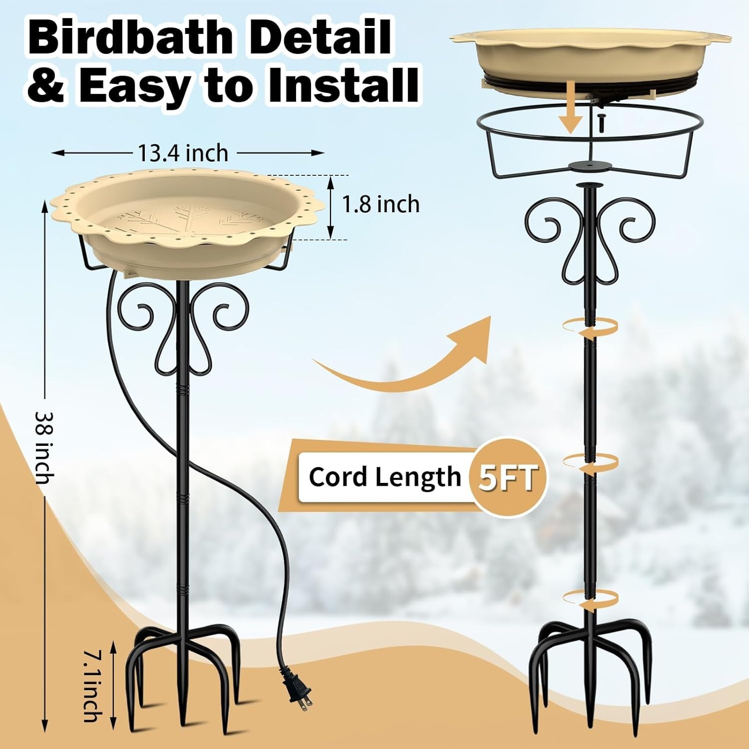 Heated Bird Bath Outdoor Water Feeder 100W Thermostat Metal Stand Winter Safe