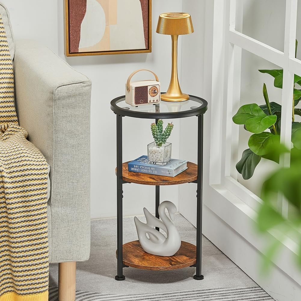 Modern Rustic Brown Round Side Table with Tempered Glass & 3-Tier Storage