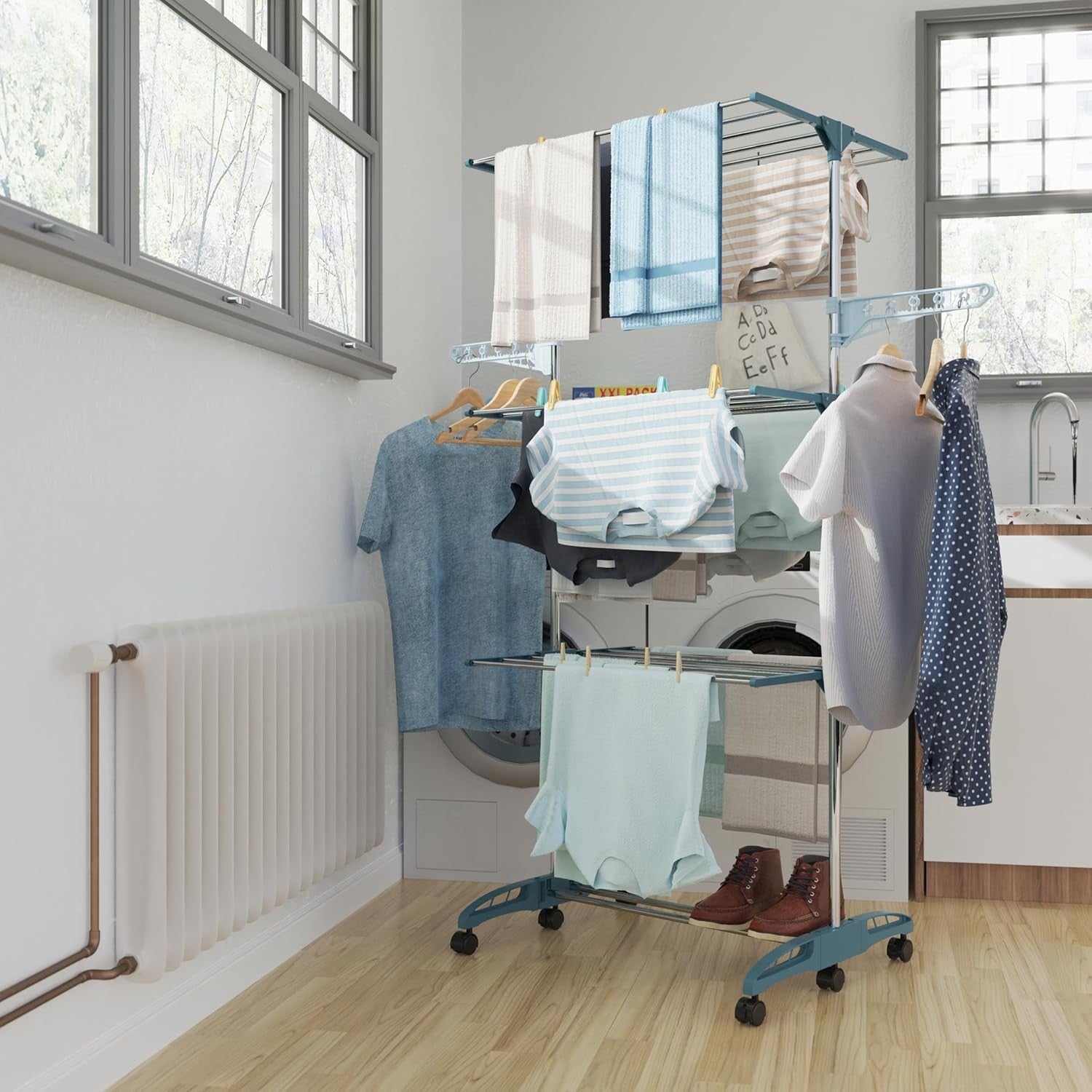 4 Tier Clothes Airer Stainless Steel Folding Laundry Drying Rack with Shoe Shelf