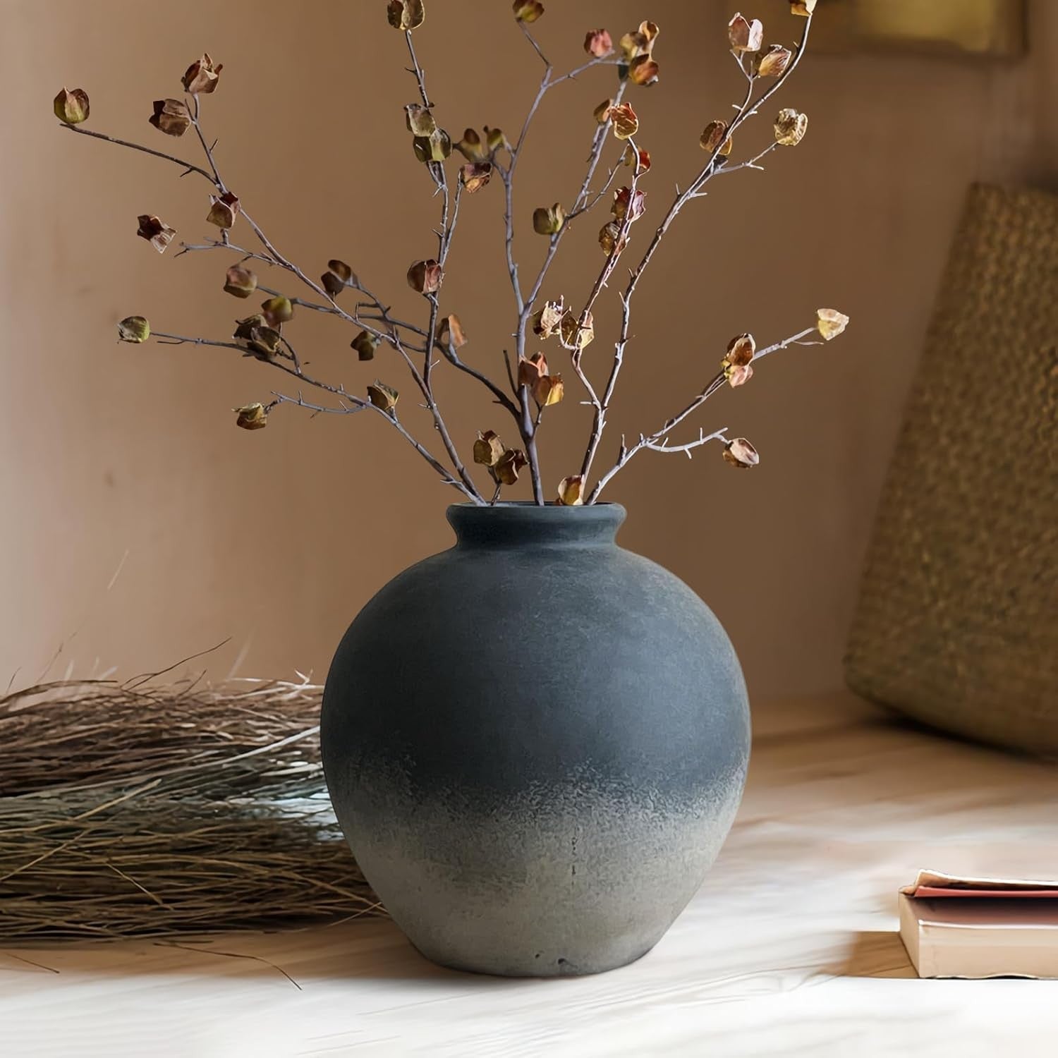 Black Rustic Ceramic Vase Farmhouse Decor 22cm Table Centrepiece Gift