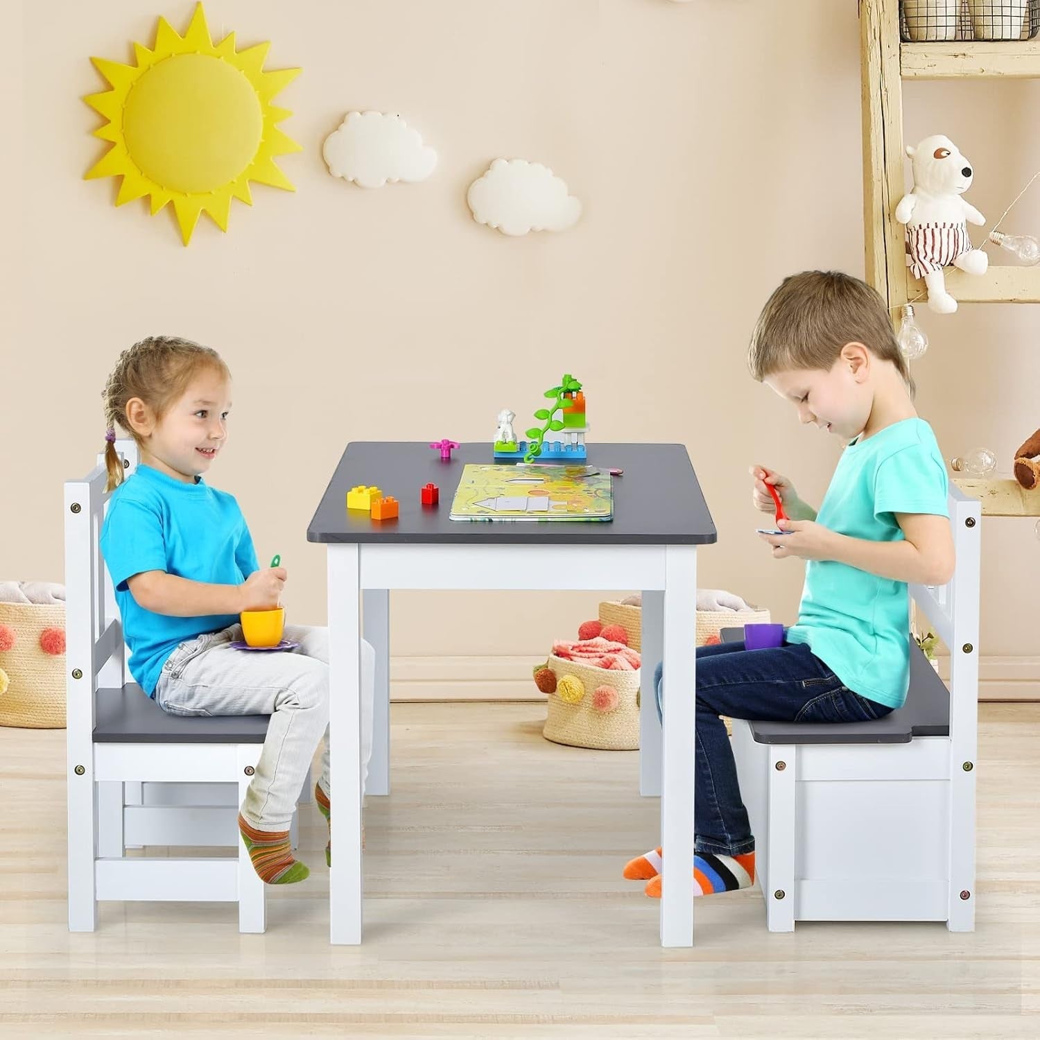 Kids Wooden Table Chair Set with Storage Bench – Grey Toddler Activity Desk