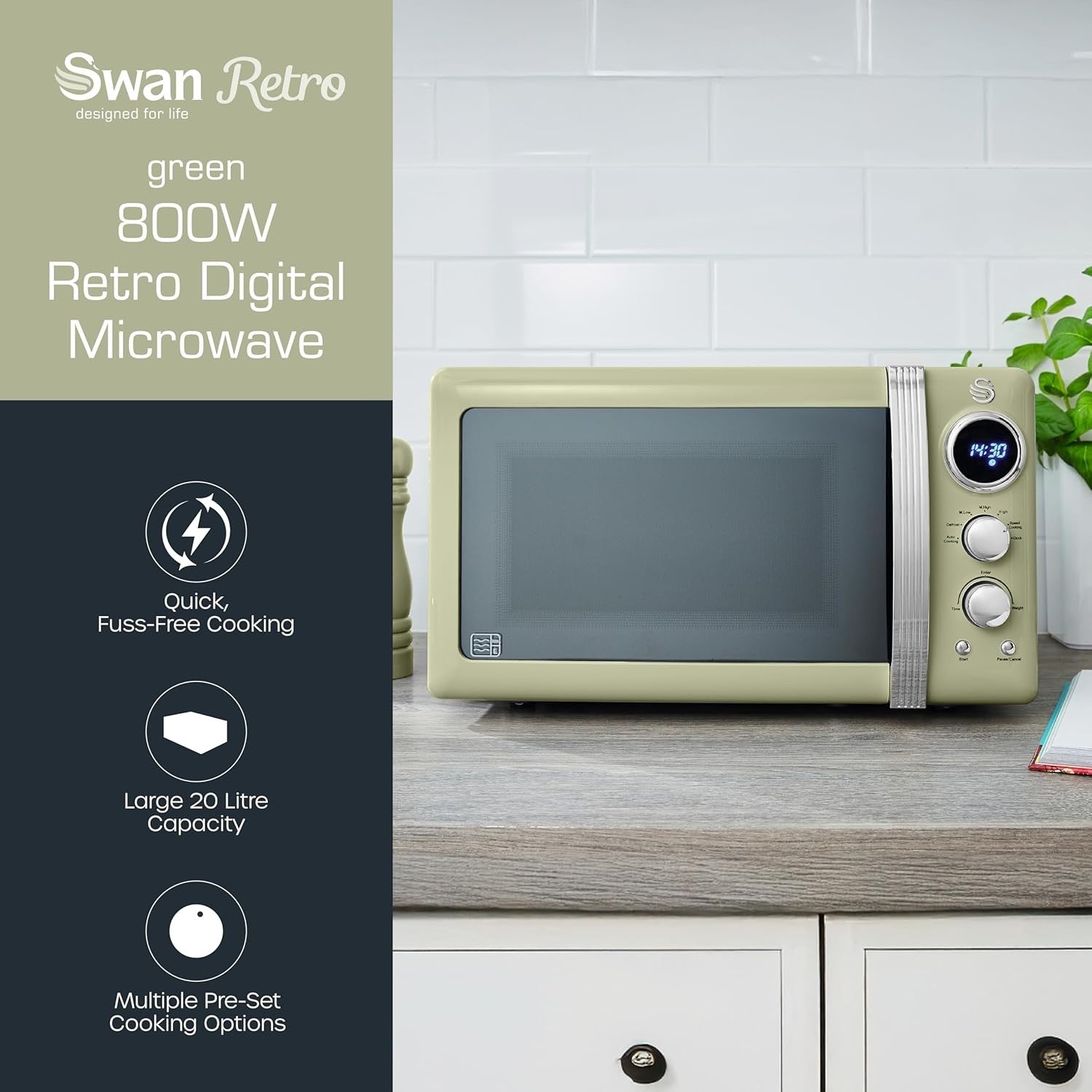 Green 20L Retro LED Digital Microwave 800W 6 Power Levels
