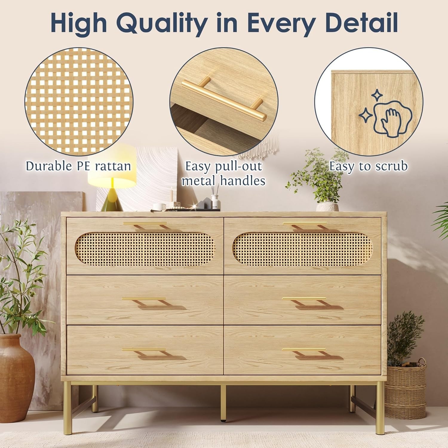 120cm Rattan Oak Sideboard Cabinet 6 Drawer Storage Unit for Hallway