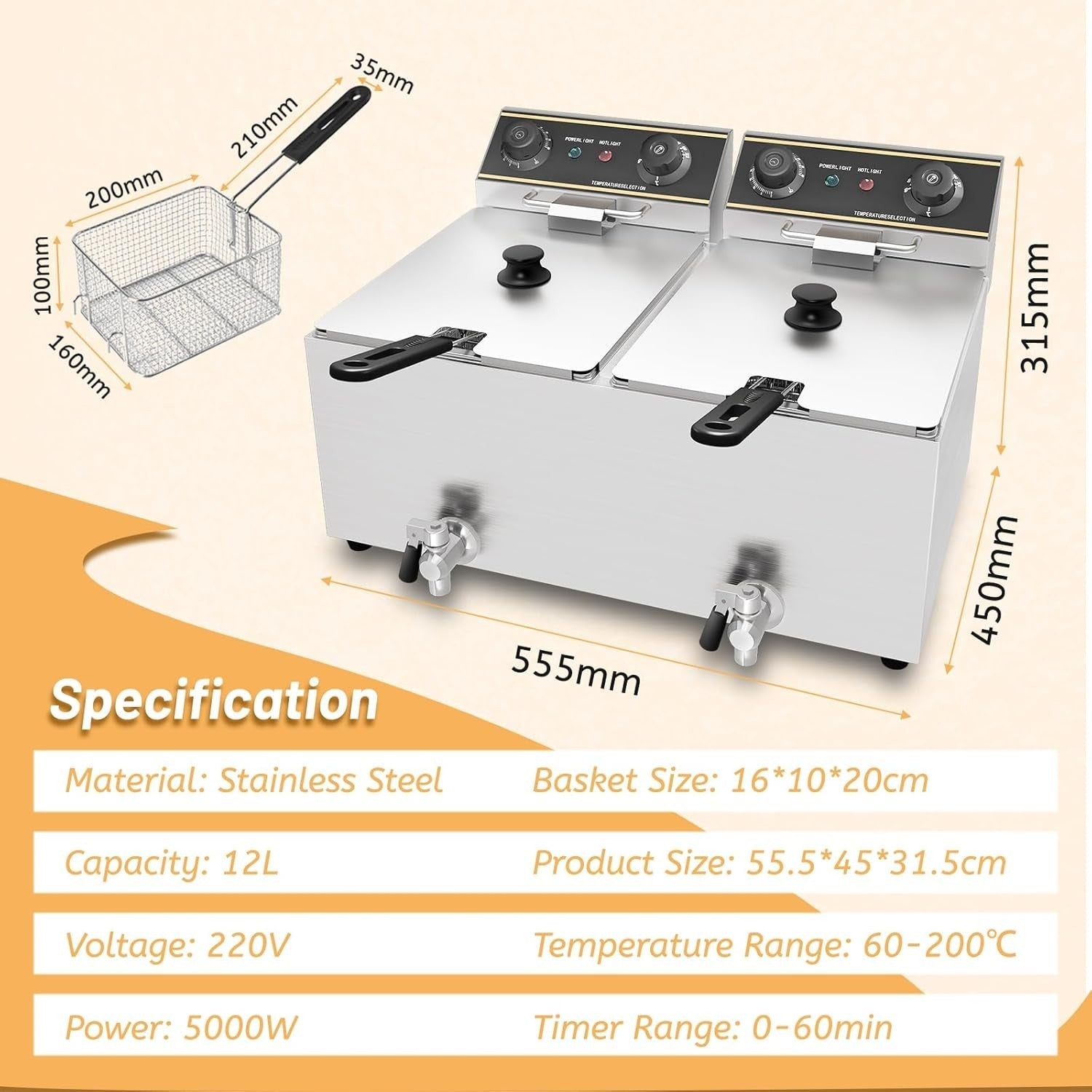 Commercial Electric Deep Fryer 12L Double Tank 5000W Drain Tap Stainless