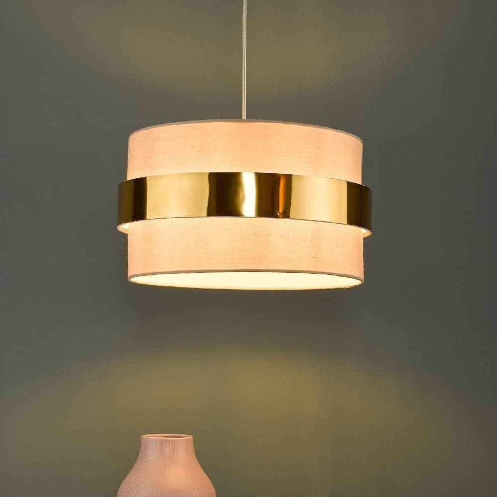 Taupe Drum Pendant Lampshade Gold Band Easy Fit Ceiling Shade 38cm
