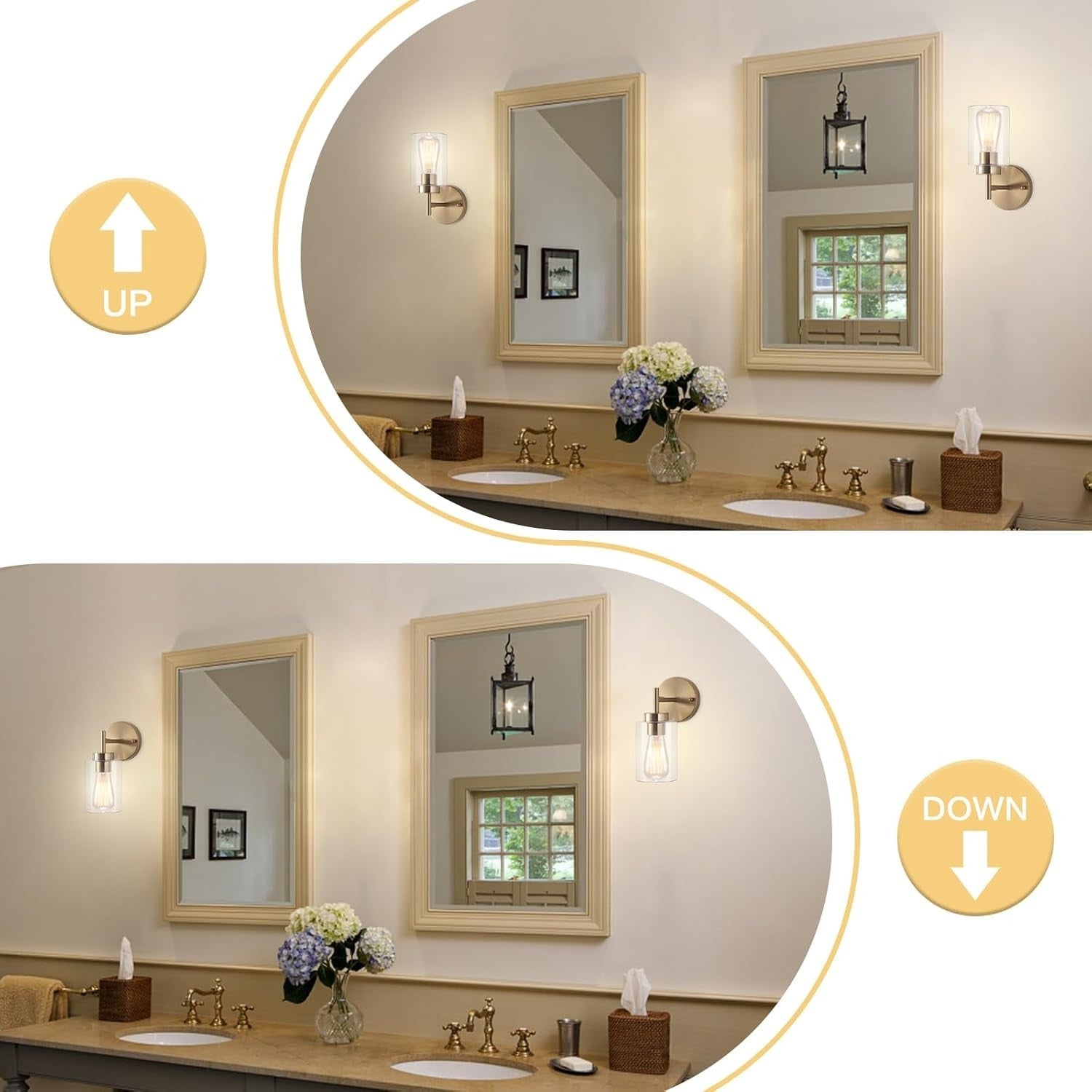 Vintage Gold Wall Lights 2-Pack with Glass Shade | Dimmable Bedroom & Bathroom