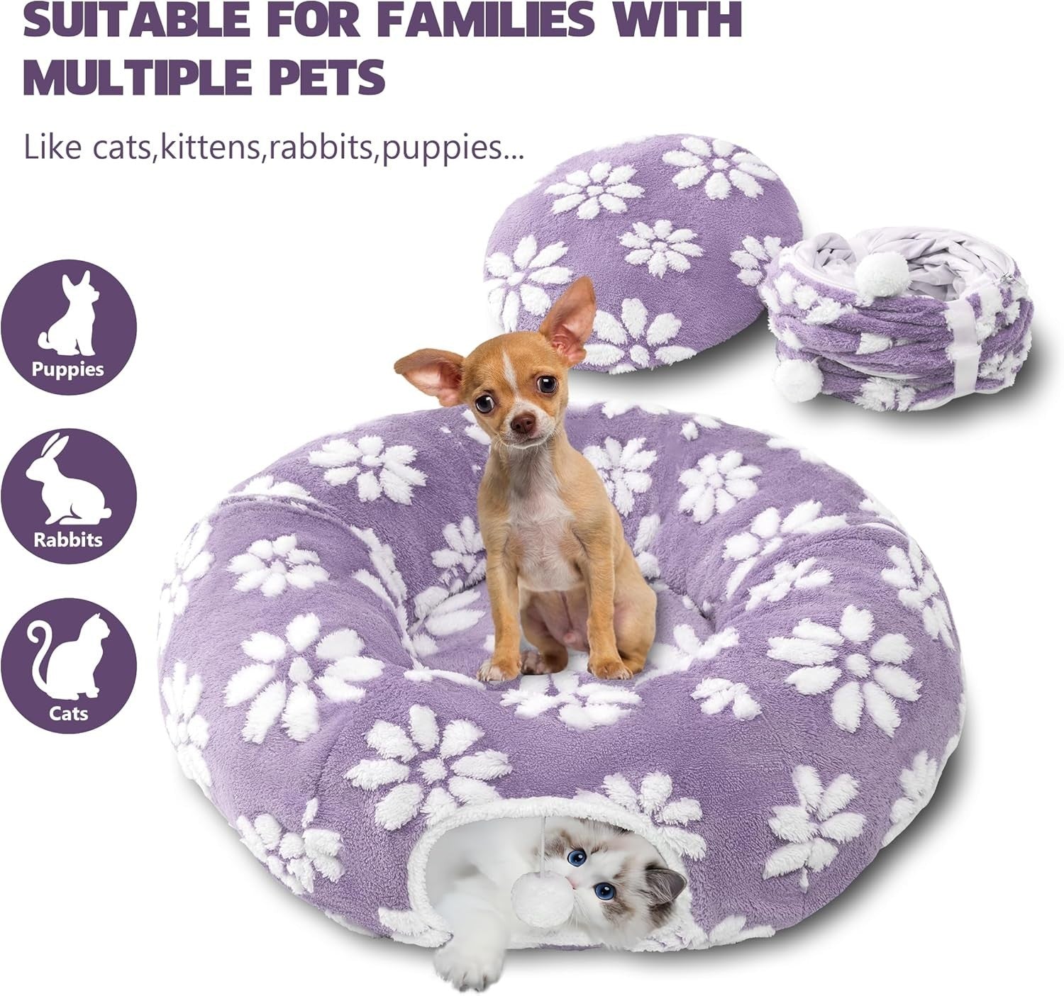 Cat Donut Tunnel Bed Peekaboo Cave w Cushion & Hanging Ball Purple