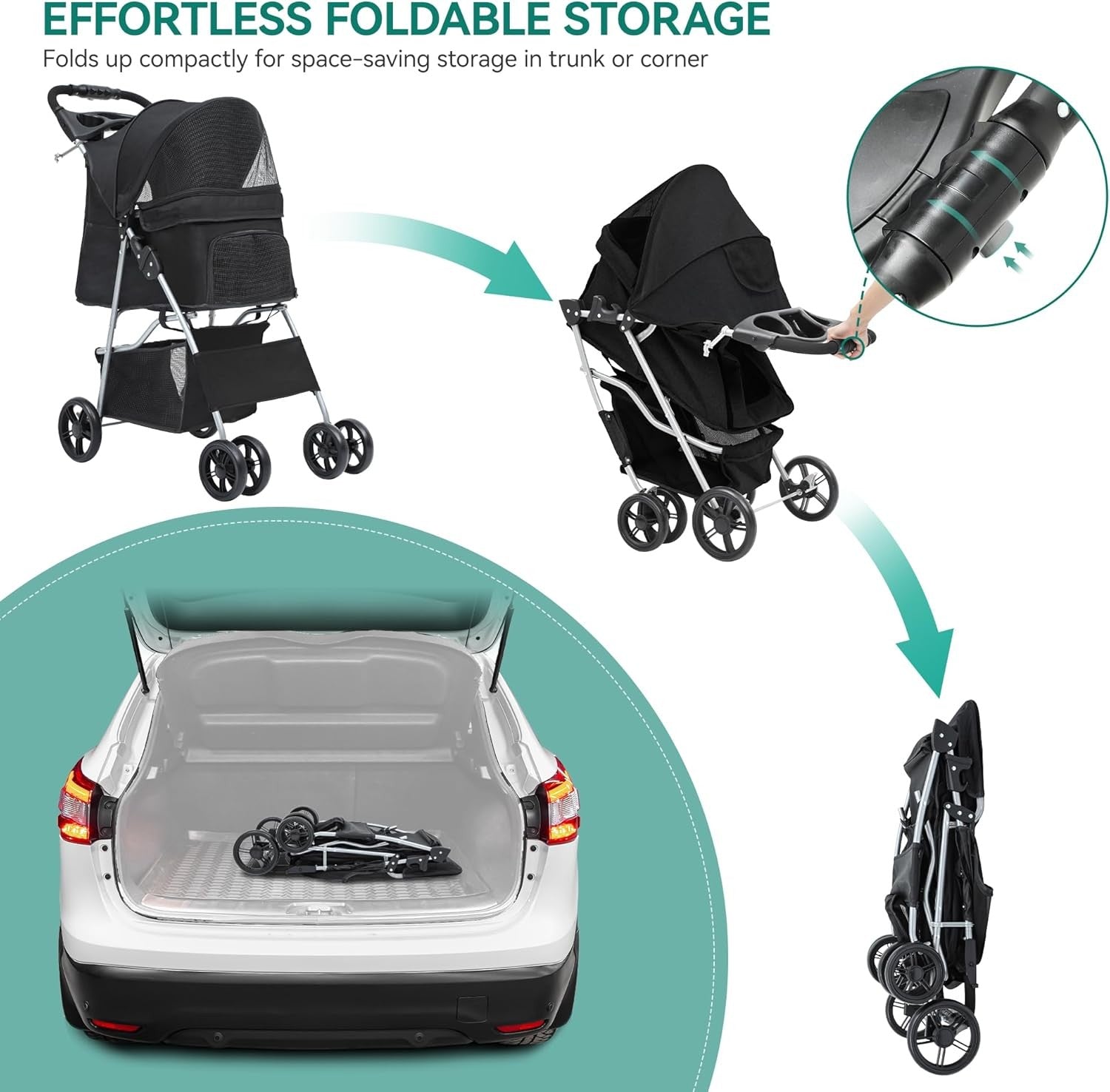 Black 4 Wheel Dog Stroller Folding Pet Pushchair Cup Holder Storage Basket