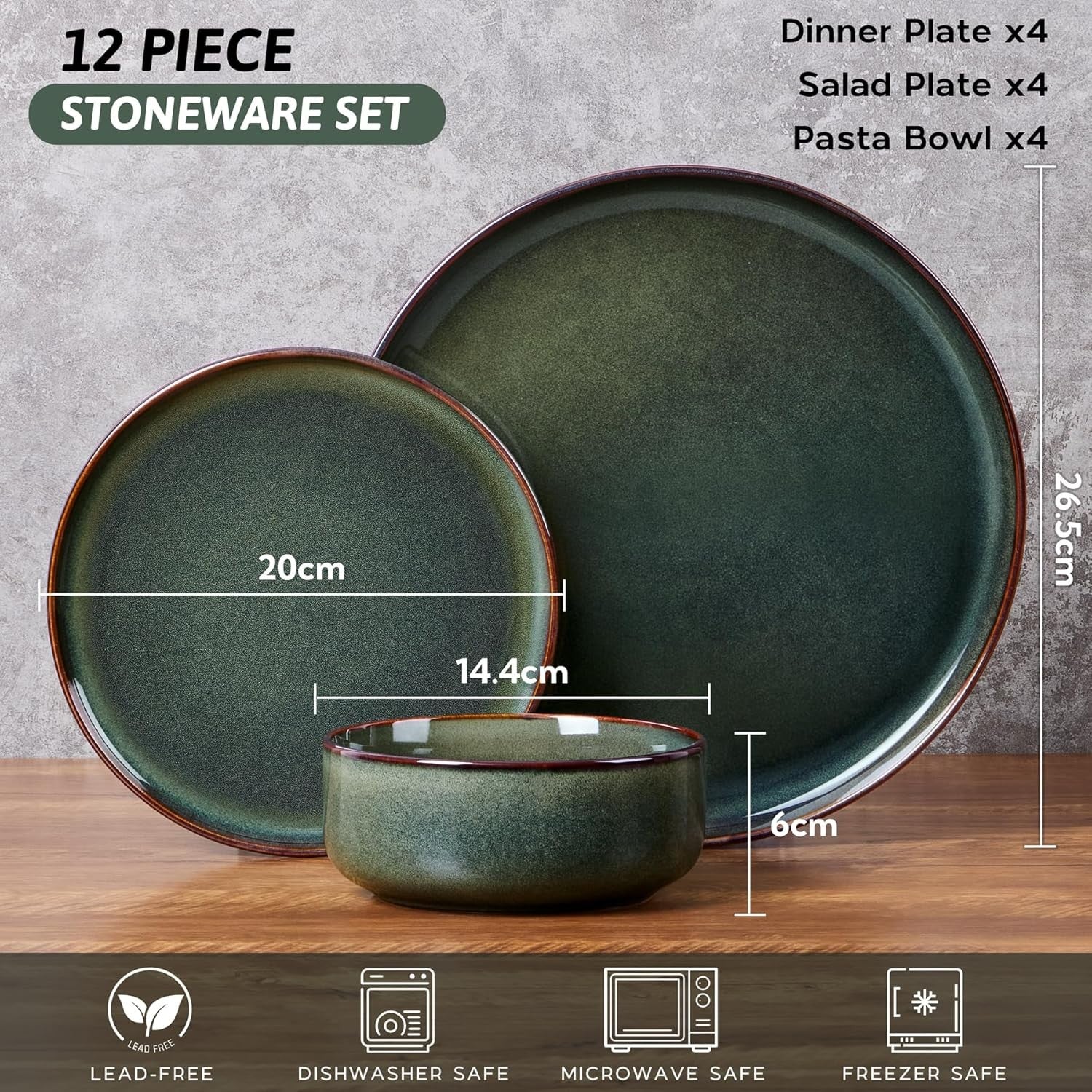 12pc Stoneware Dinner Set for 4 Green Plates Bowls Microwave Safe