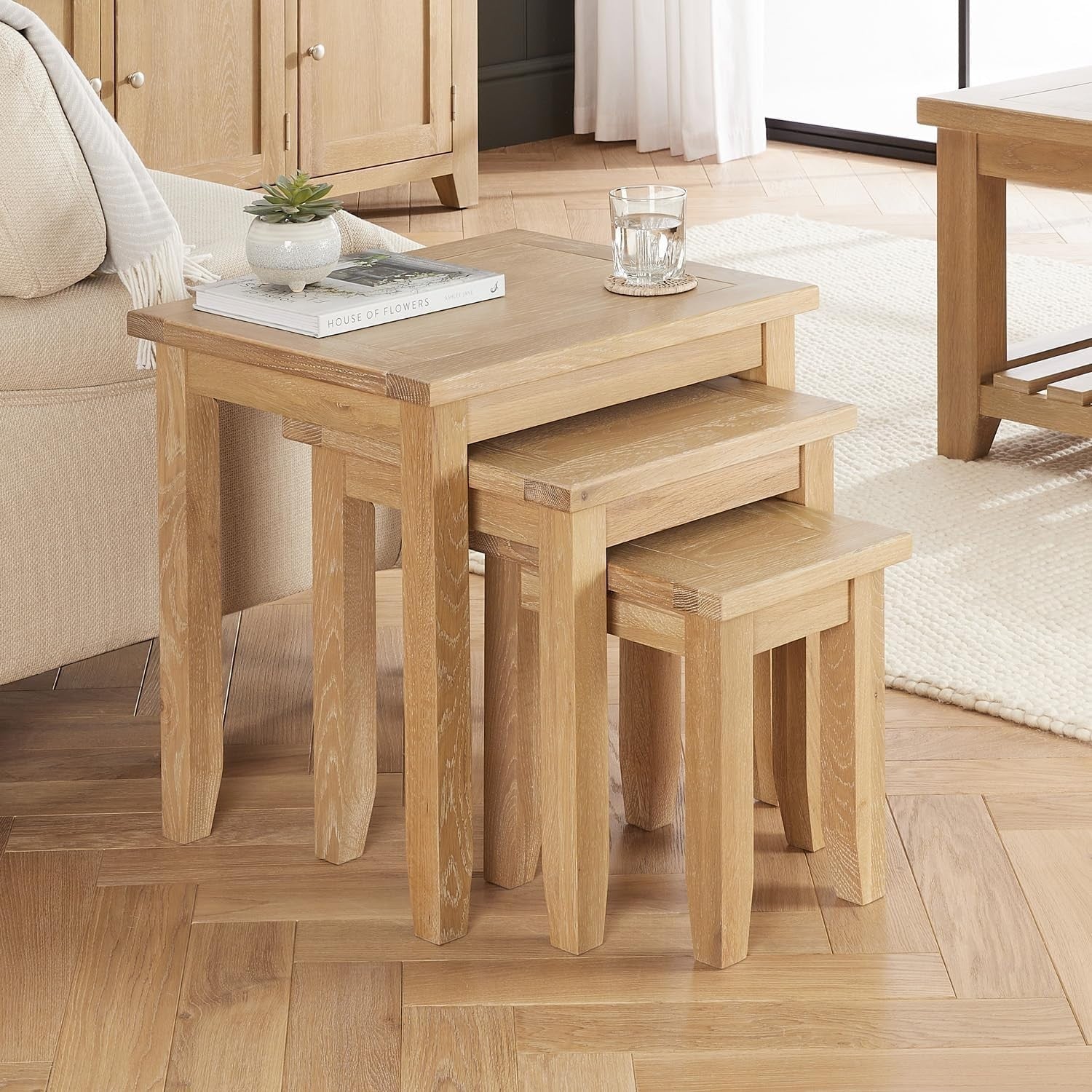 Whitewash Oak Nesting Tables Set of 3 Shaker Style Solid Wood Space Saving