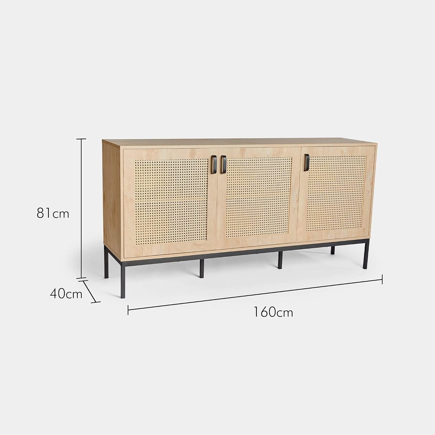 Scandi Rattan Sideboard Cabinet 3 Door Storage Unit Light Wood