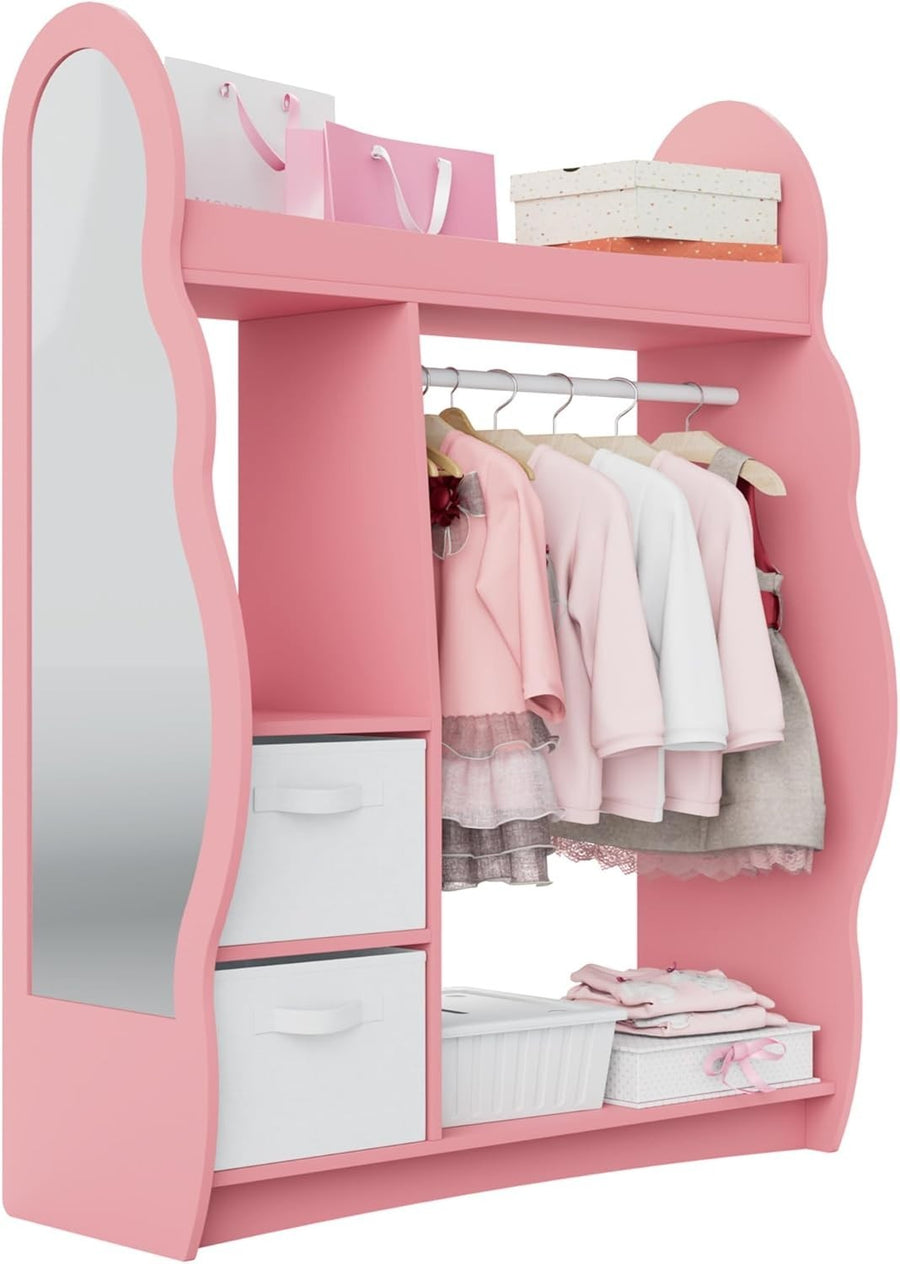 Kids Wardrobe with Mirror, Hanging Rail & 2 Drawers, Pink Cloud Design