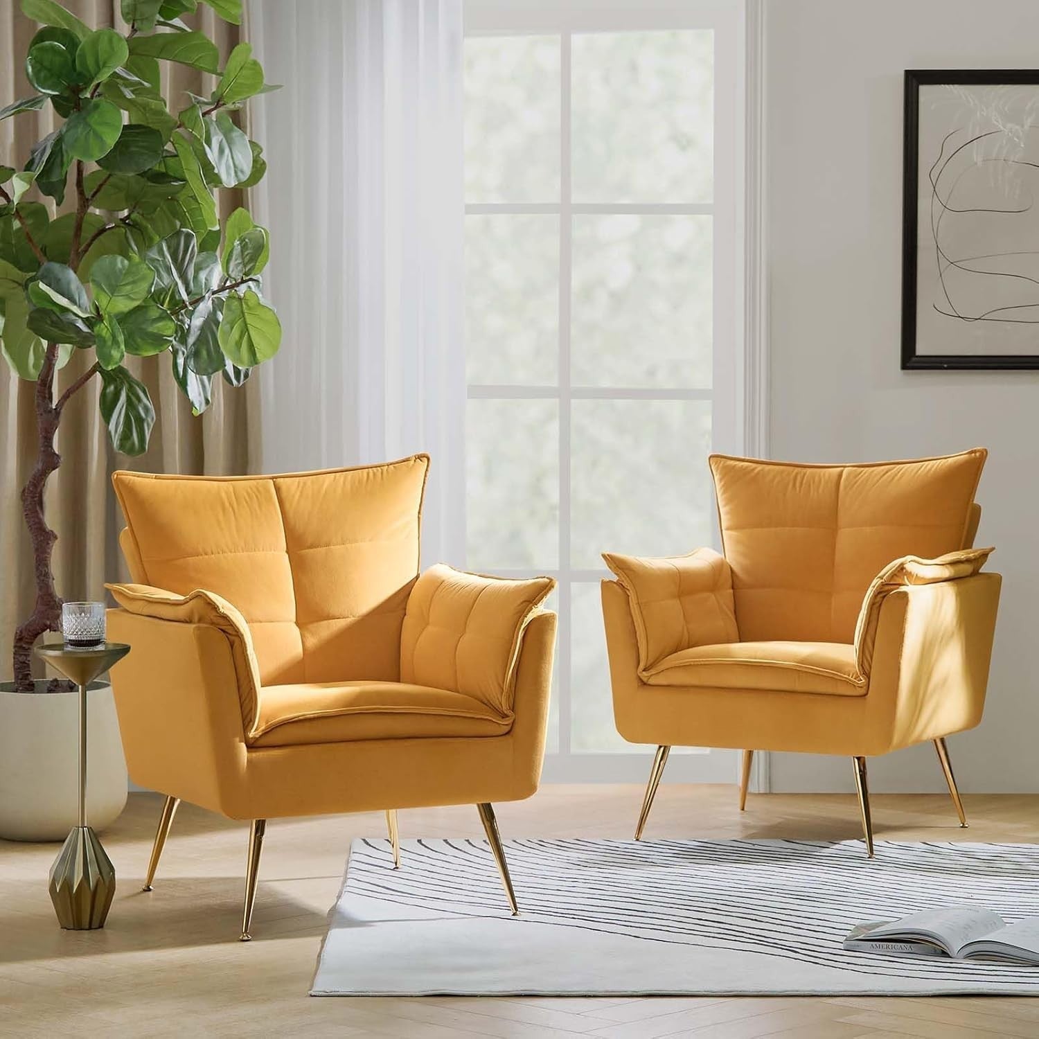 Set of 2 Yellow Modern Tub Chairs Gold Legs Upholstered Lounge Accent