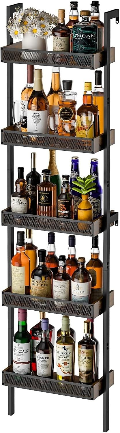 Tall Freestanding Wine Rack 5-Tier Metal & Wood Storage Shelves Holds 50 Bottles