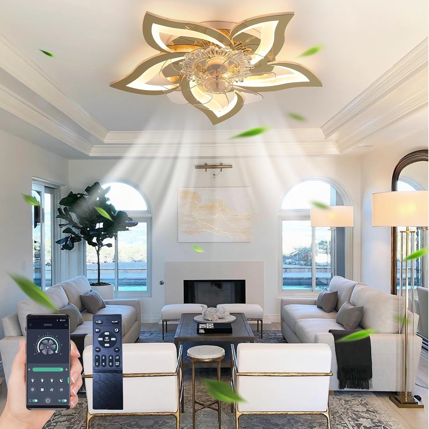 69CM Ceiling Fan Light, 6 Speeds, Dimmable LED, Remote, Gold, Bedroom/Living