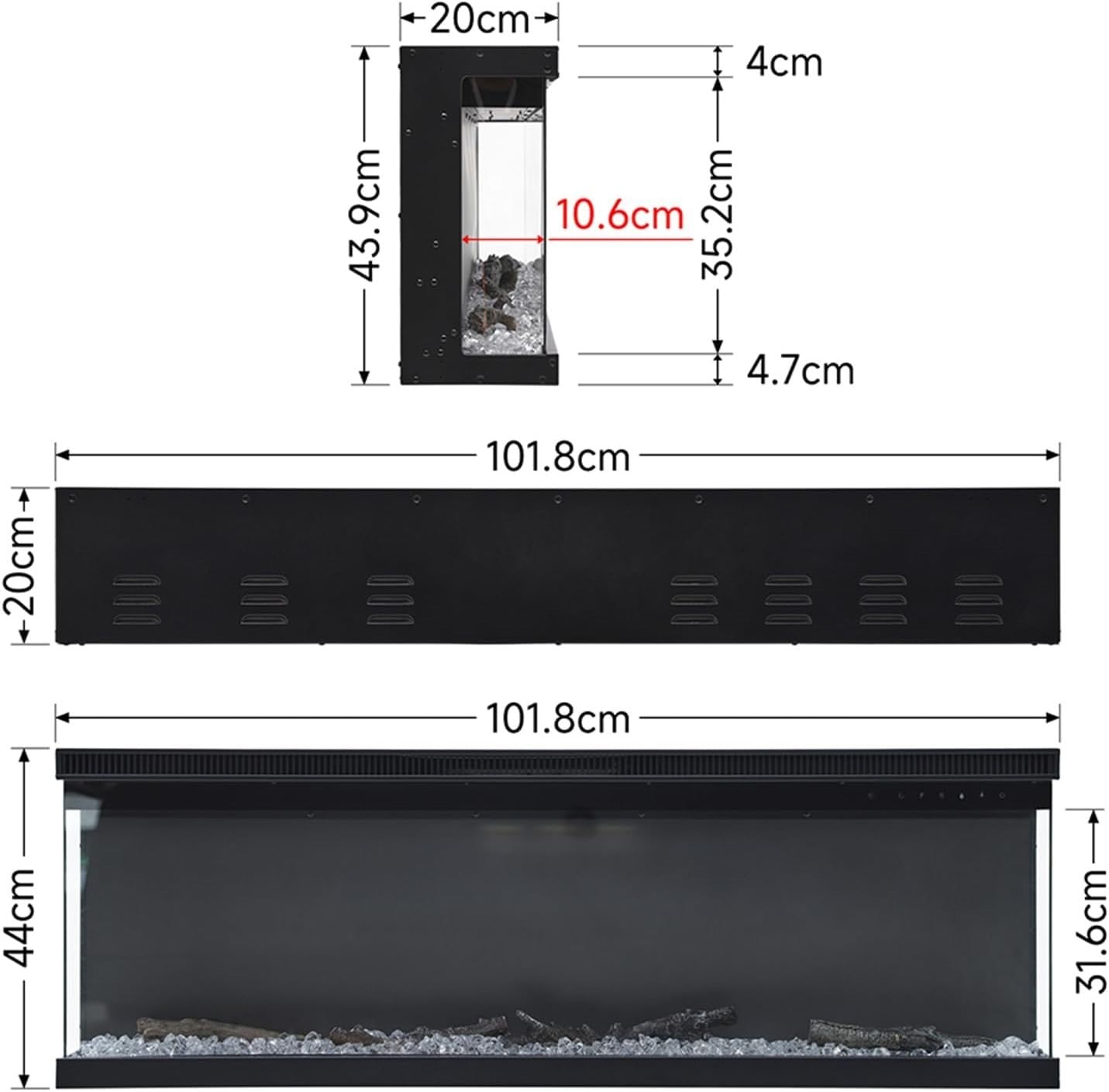 Wall Mounted Electric Fireplace 40inch | LED Flame 9 Colours Glass Display