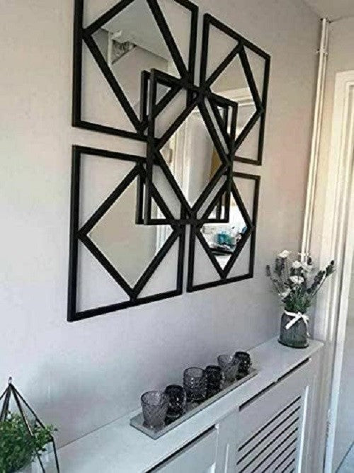 Modern Square Mirror Wall Art Set 3 Black Geometric Panels Living Room Decor