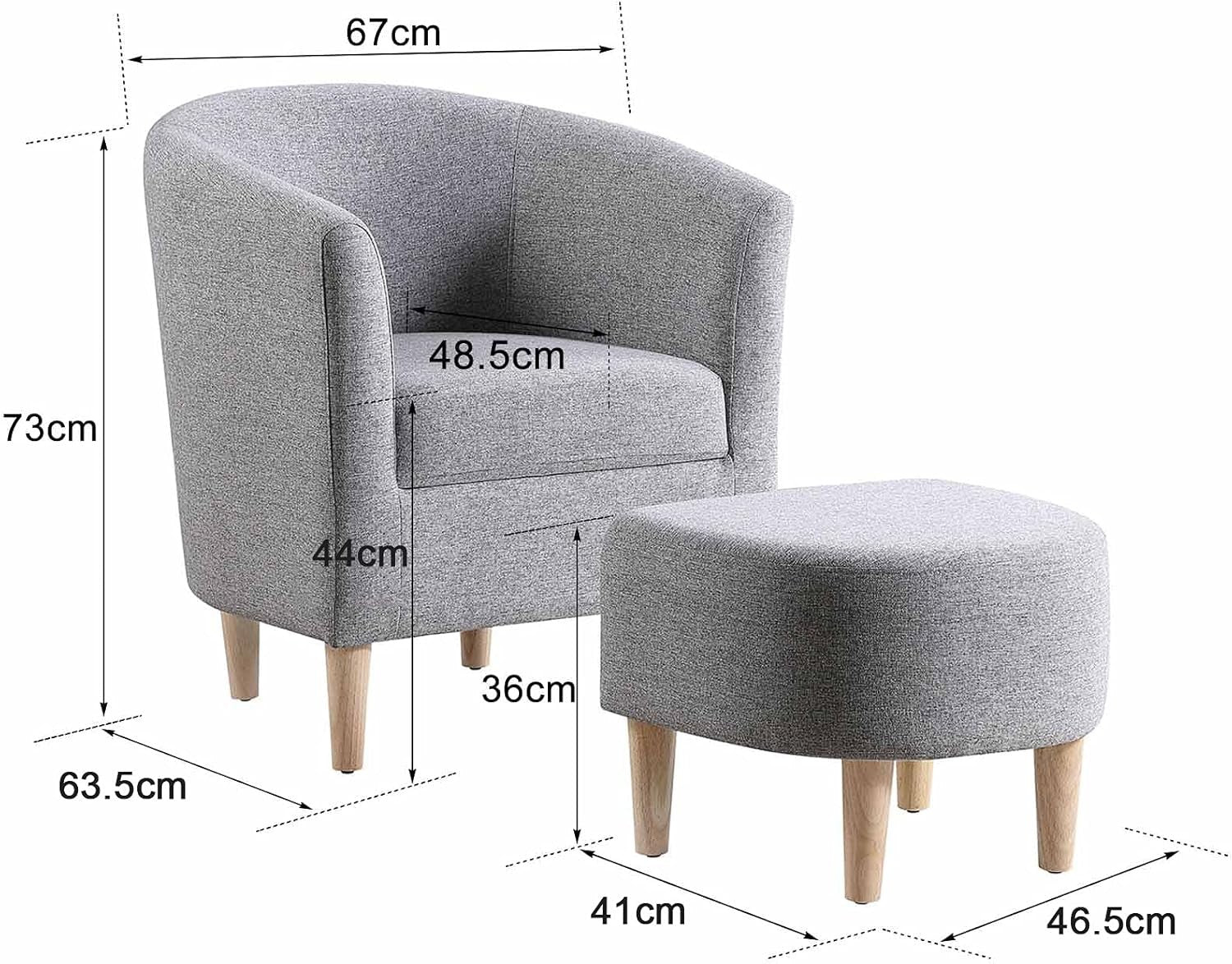 Grey Tub Chair & Footstool Set Linen Accent Armchair Lounge Seat