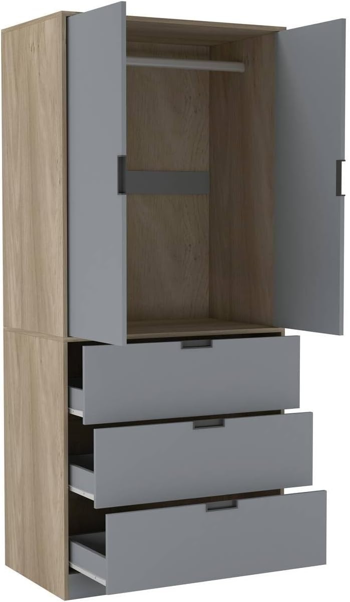Grey 2 Door Wardrobe with 3 Drawers & Rail | Oak Effect 180cm Storage