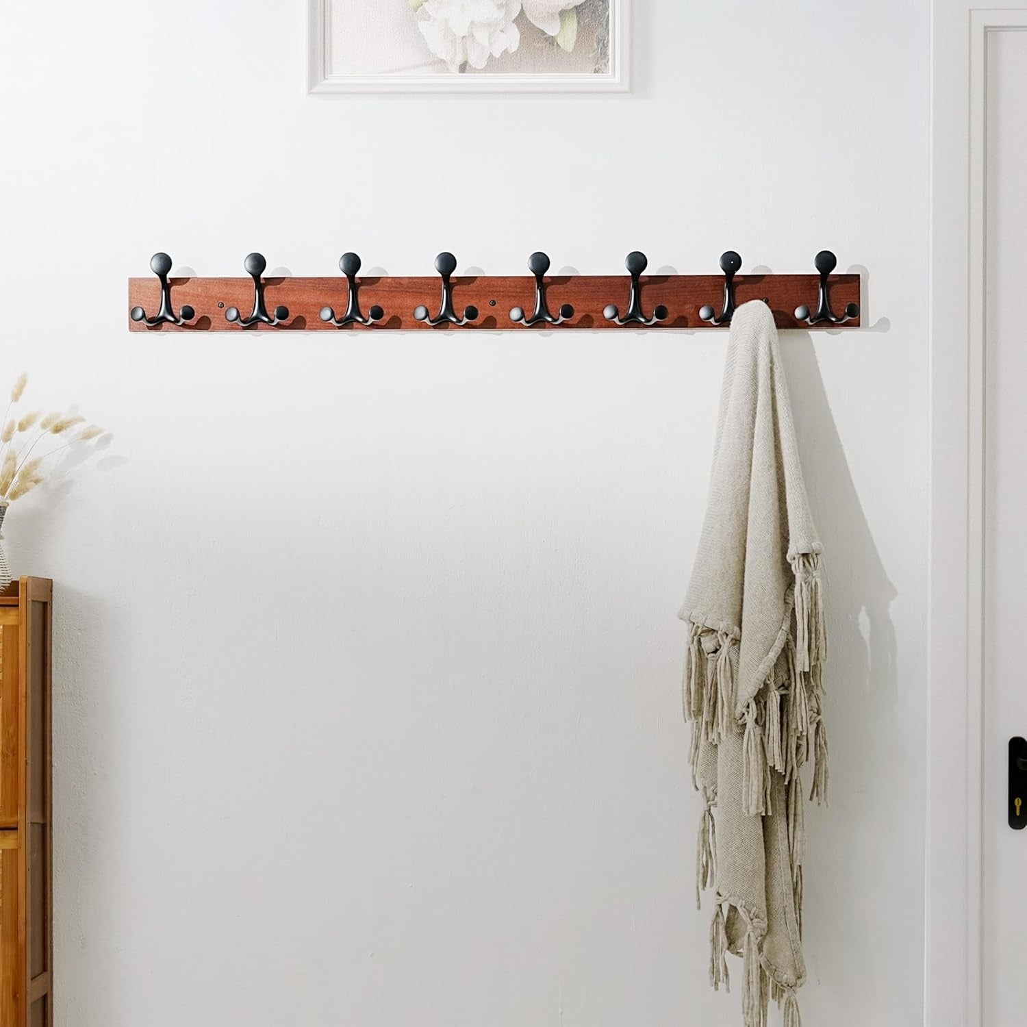 Cherry Wood Wall Coat Rack 8 Triple Hooks | 43” Hanging Rail for Coats