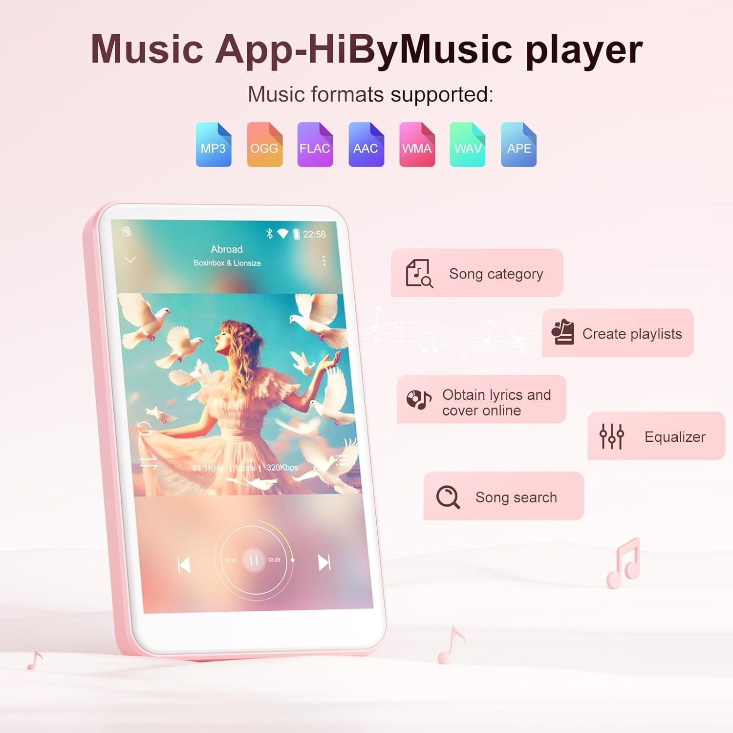 80GB MP3 Player Bluetooth WiFi 4" IPS Touchscreen FM Pink