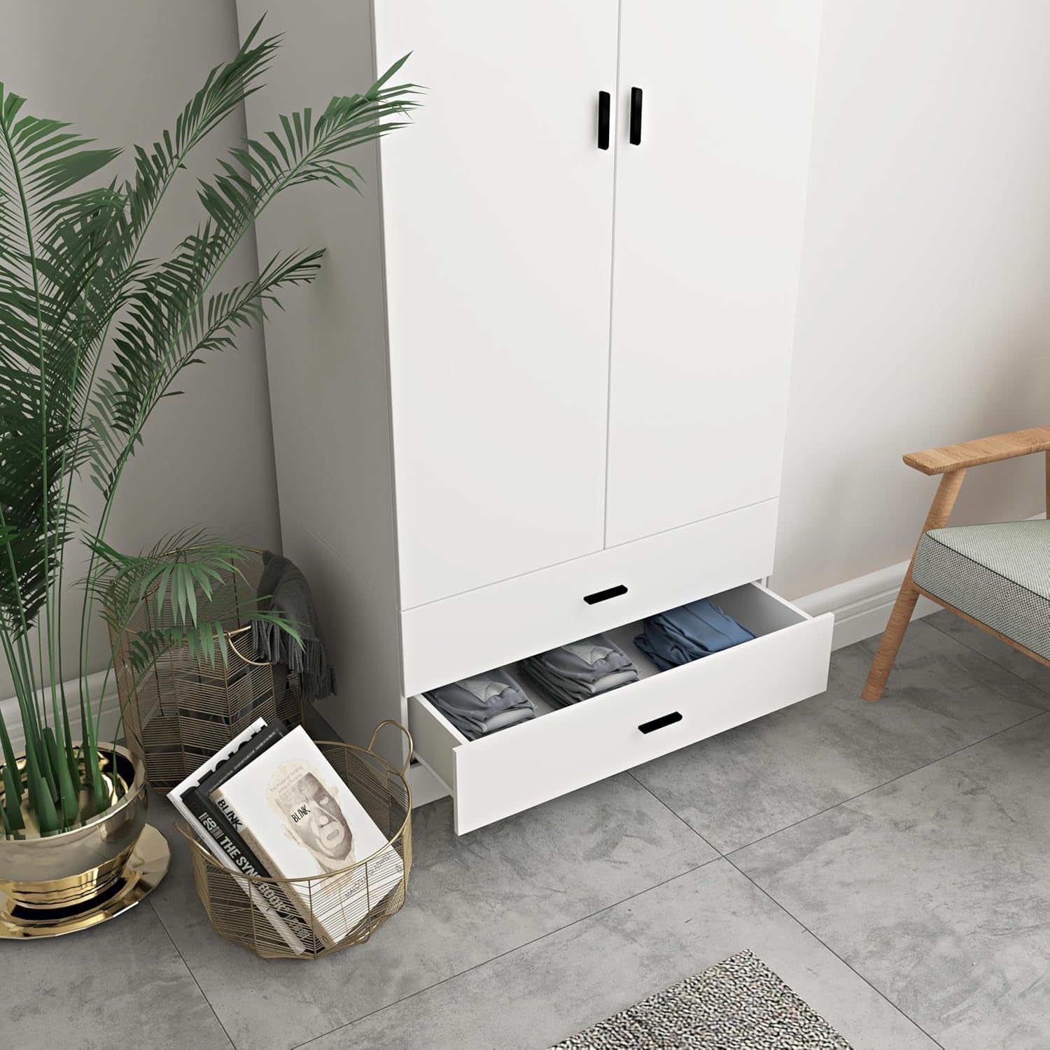 2 Door Wardrobe White Drawers Bedroom Storage Cabinet with Hanging Rail