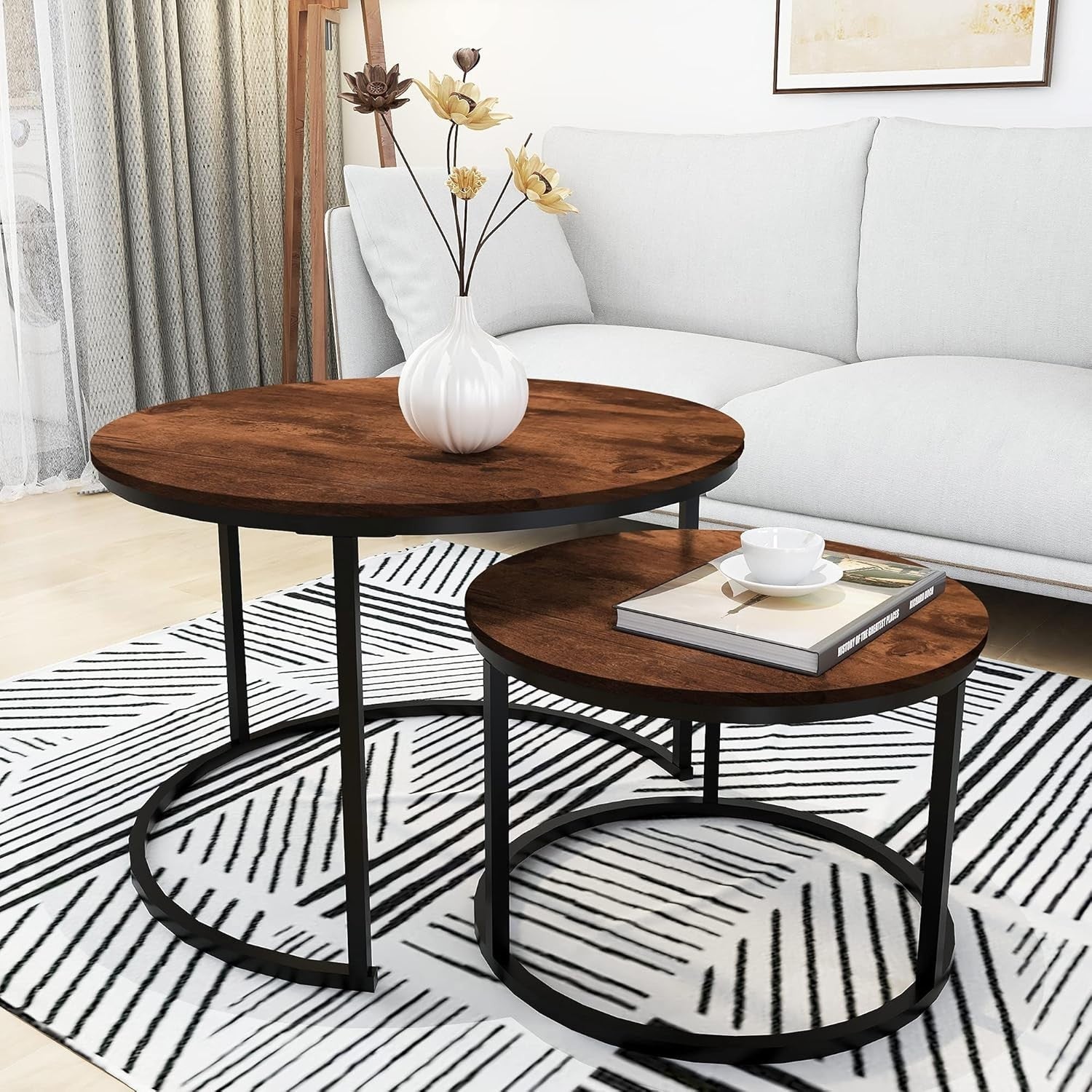 Nesting Coffee Table Set Brown Wood Round Space Saving Side End Table
