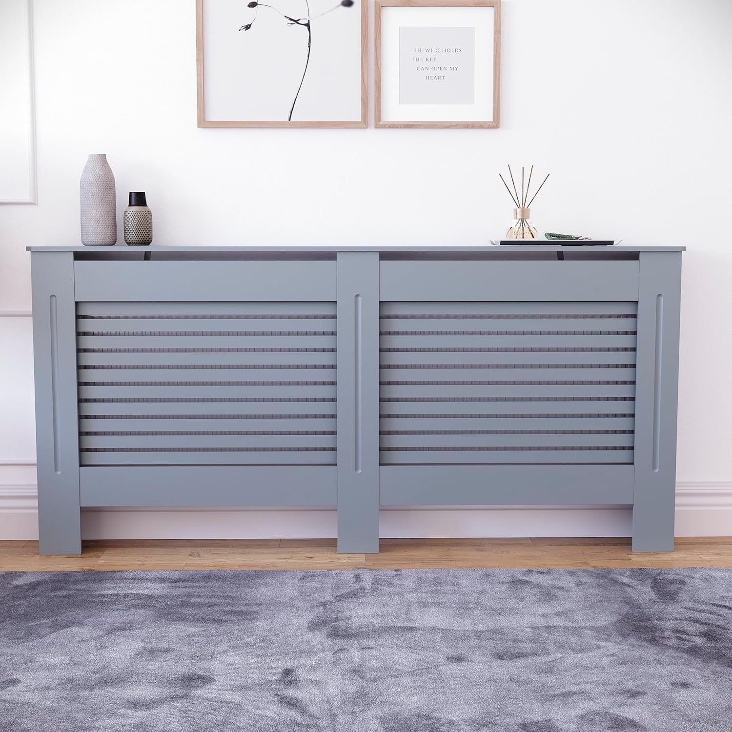 Extra Large Grey Radiator Cover 162x80x16cm Modern MDF Slatted Heating Cabinet