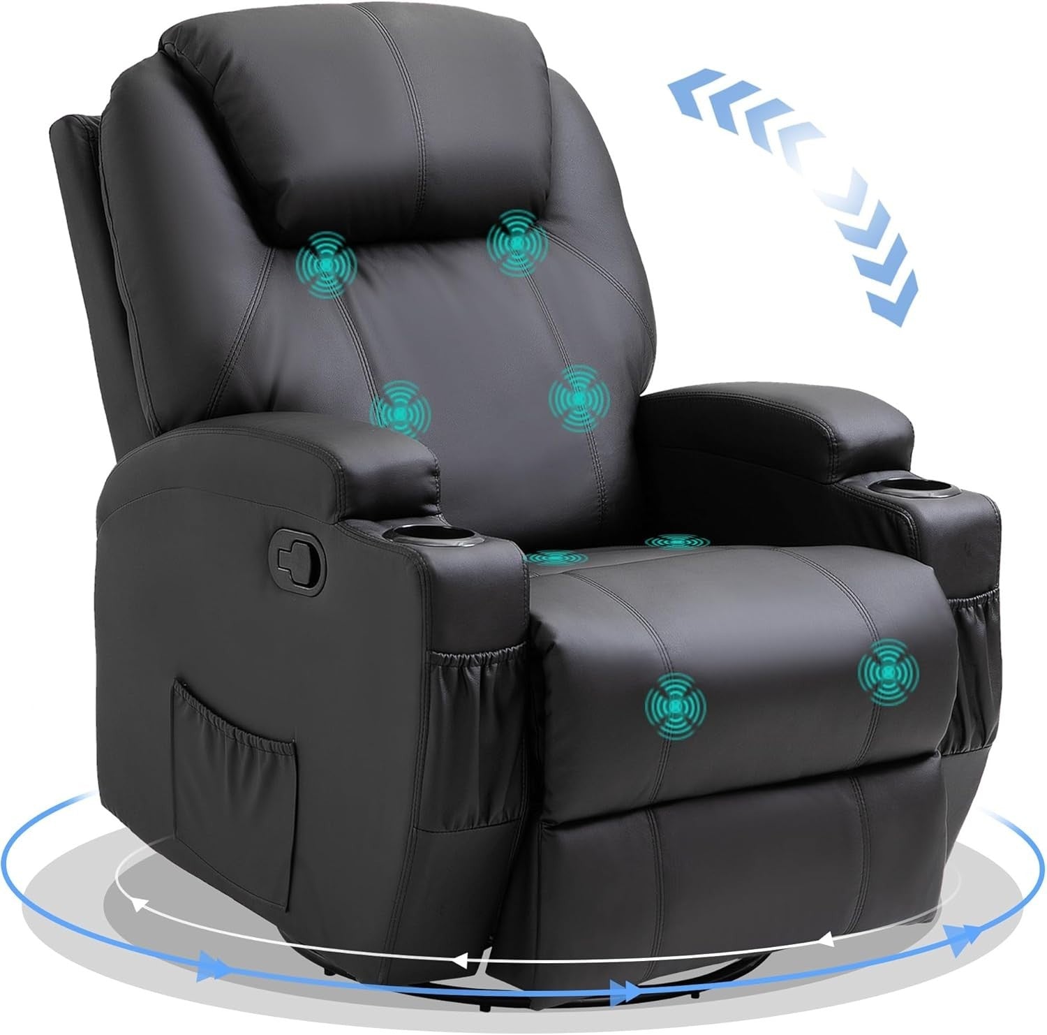 Massage Recliner Rocker Chair 360° Swivel 165° Recline Footrest Black