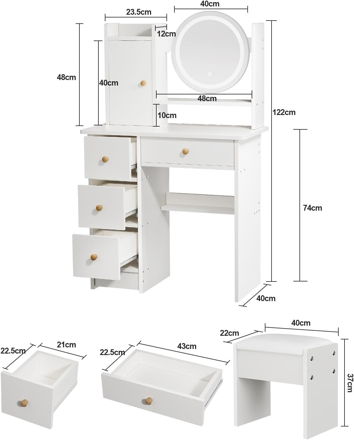 White Dressing Table Set Makeup Vanity w/ Round LED Light Mirror & Stool