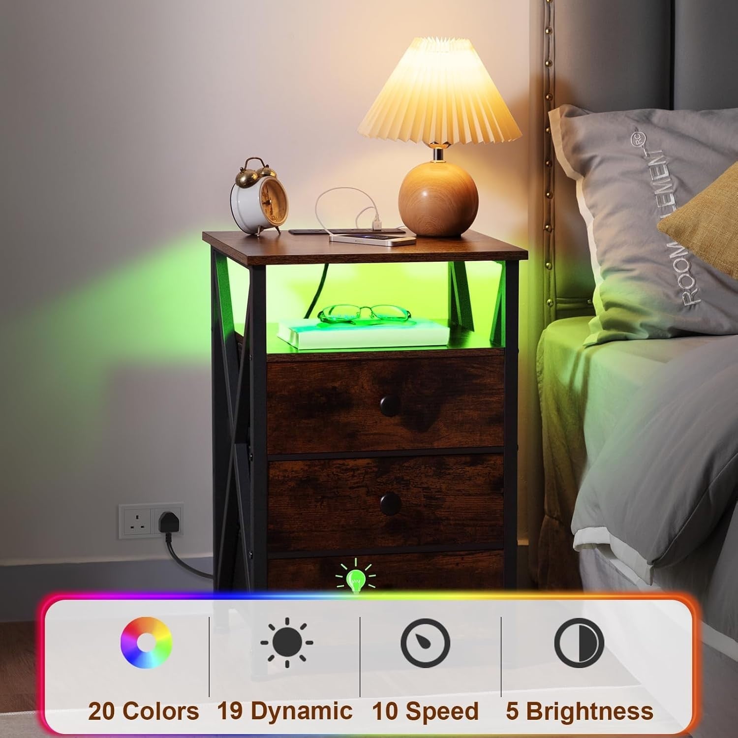 Rustic LED Bedside Table with Charging Station | 3 Drawer Nightstand