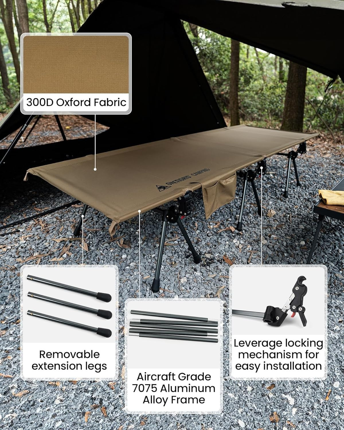Camping Cot Folding Bed 150kg Heavy Duty Portable Adjustable Height