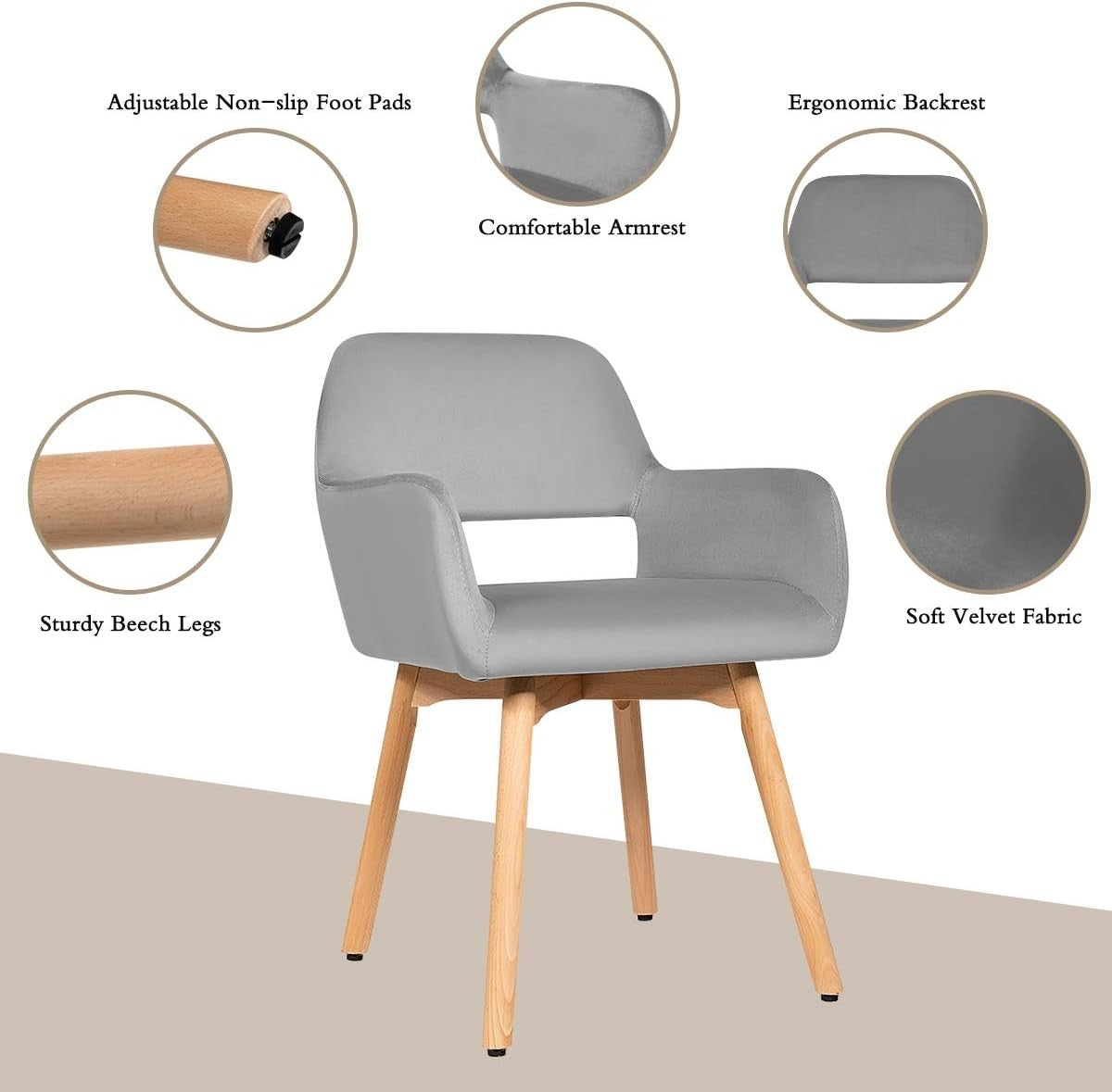 Velvet Dining Chairs Set of 2 Grey Upholstered Tub Armchairs