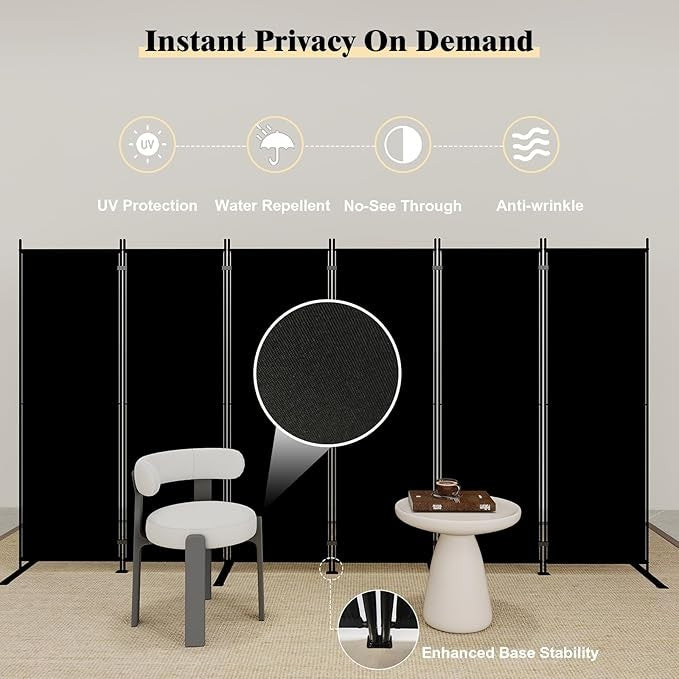 6-Panel Folding Room Divider 6ft Black Privacy Screen Wall for Home Office