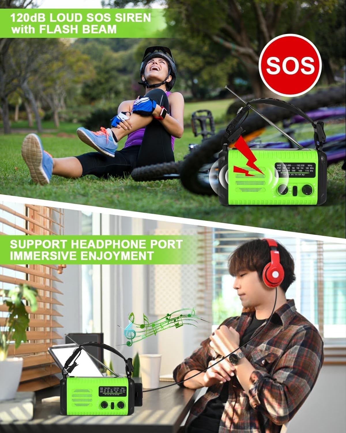 Wind Up Green Solar Emergency Radio with 20000mAh Battery, AM/FM & Flashlight