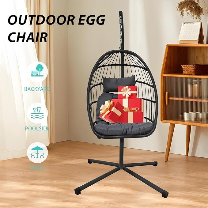 Foldable Egg Swing Chair with Stand – 300lbs, Cushioned, Weatherproof