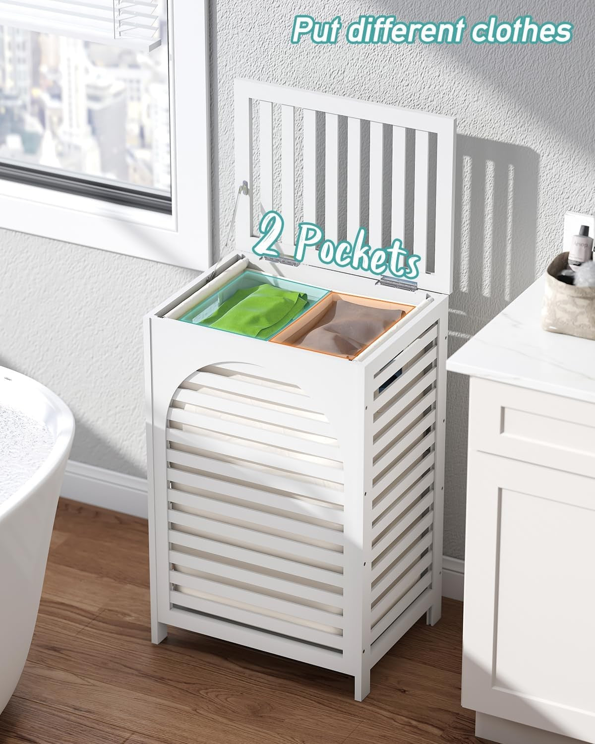 White Bamboo Laundry Hamper 85L with Lid & Removable Liner | Ventilated Clothes