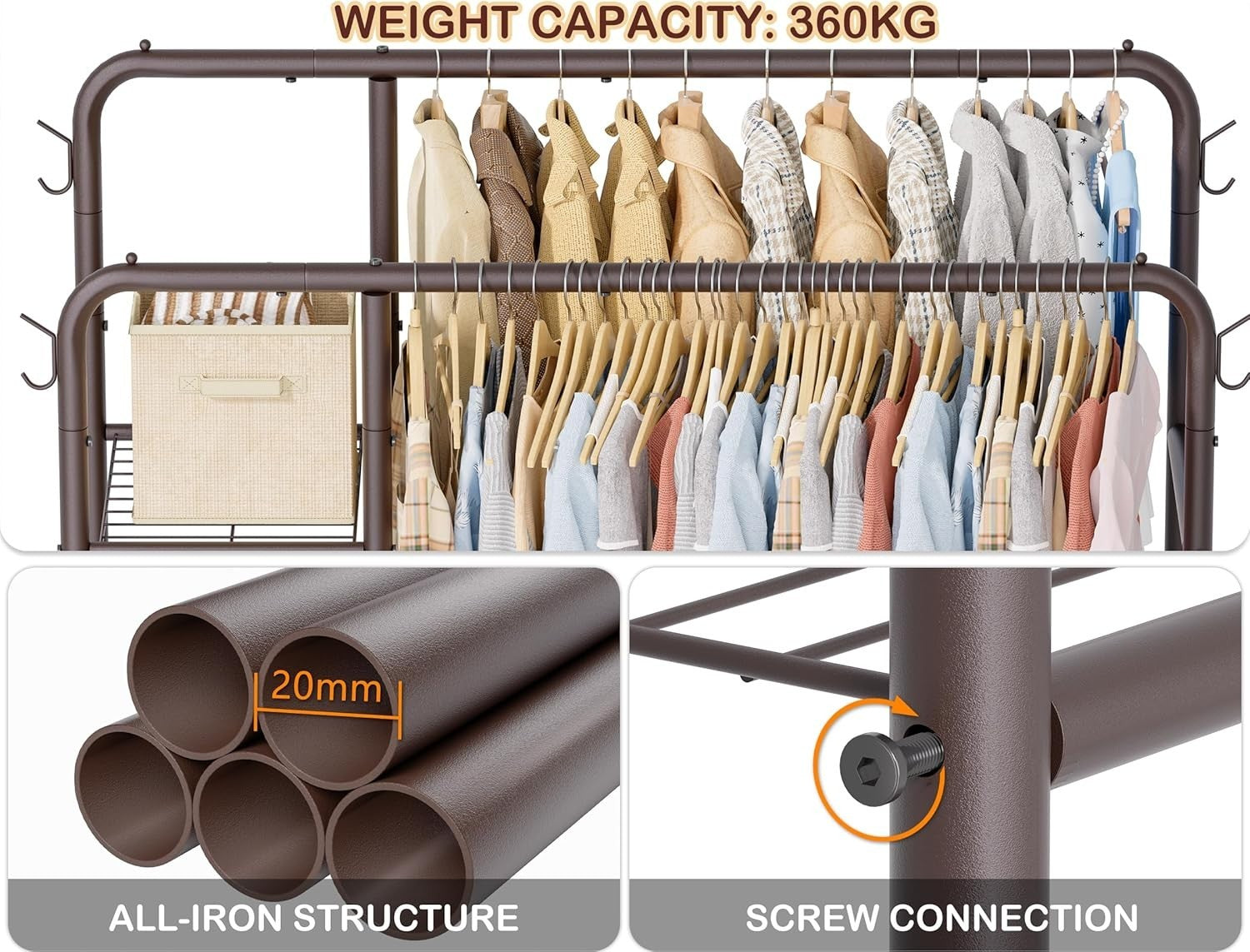 Heavy Duty Double Clothes Rail with Shelves & Hooks 80KG – Brown