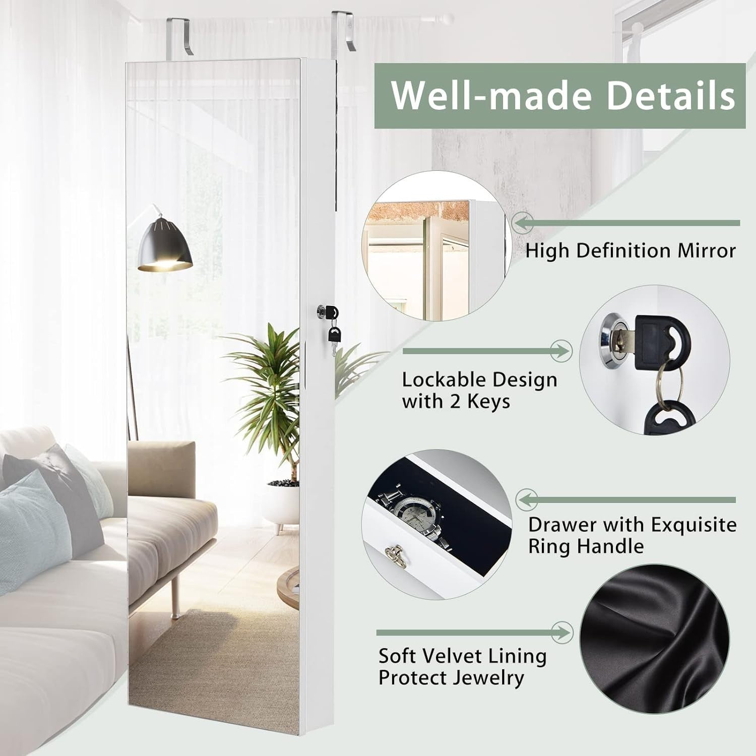 LED Jewelry Armoire Wall Door Mounted Lockable Full Length Mirror White