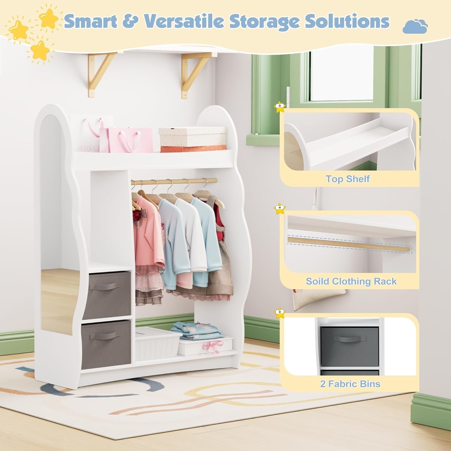Kids Wardrobe with Mirror, Hanging Rail & 2 Drawers, White Cloud Design