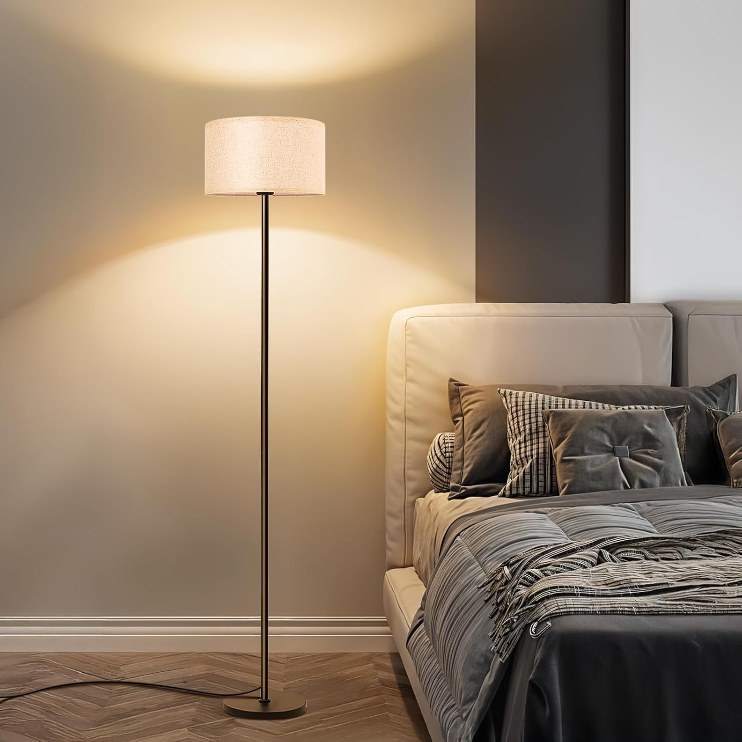 Modern Floor Lamp Linen Shade E27 Reading Light Tall Standing Lamp