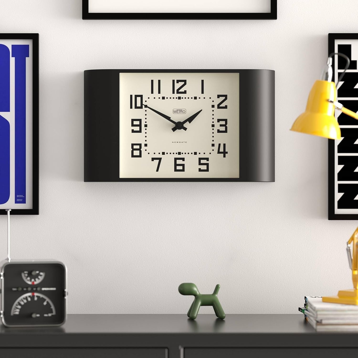 Retro Black Wall Clock 42cm Wide Mid-Century Modern Kitchen Home Office Decor
